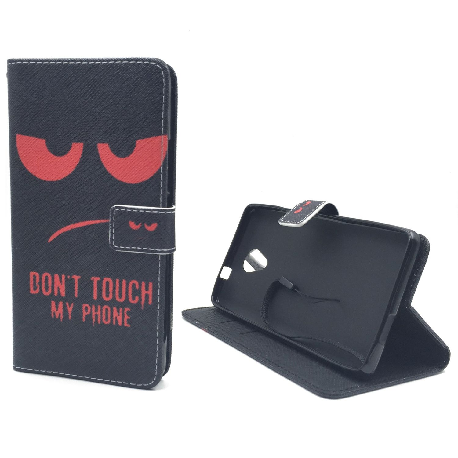 Schwarze Handyhülle mit rotem wütenden Gesicht und dem Text 'DON'T TOUCH MY PHONE'.