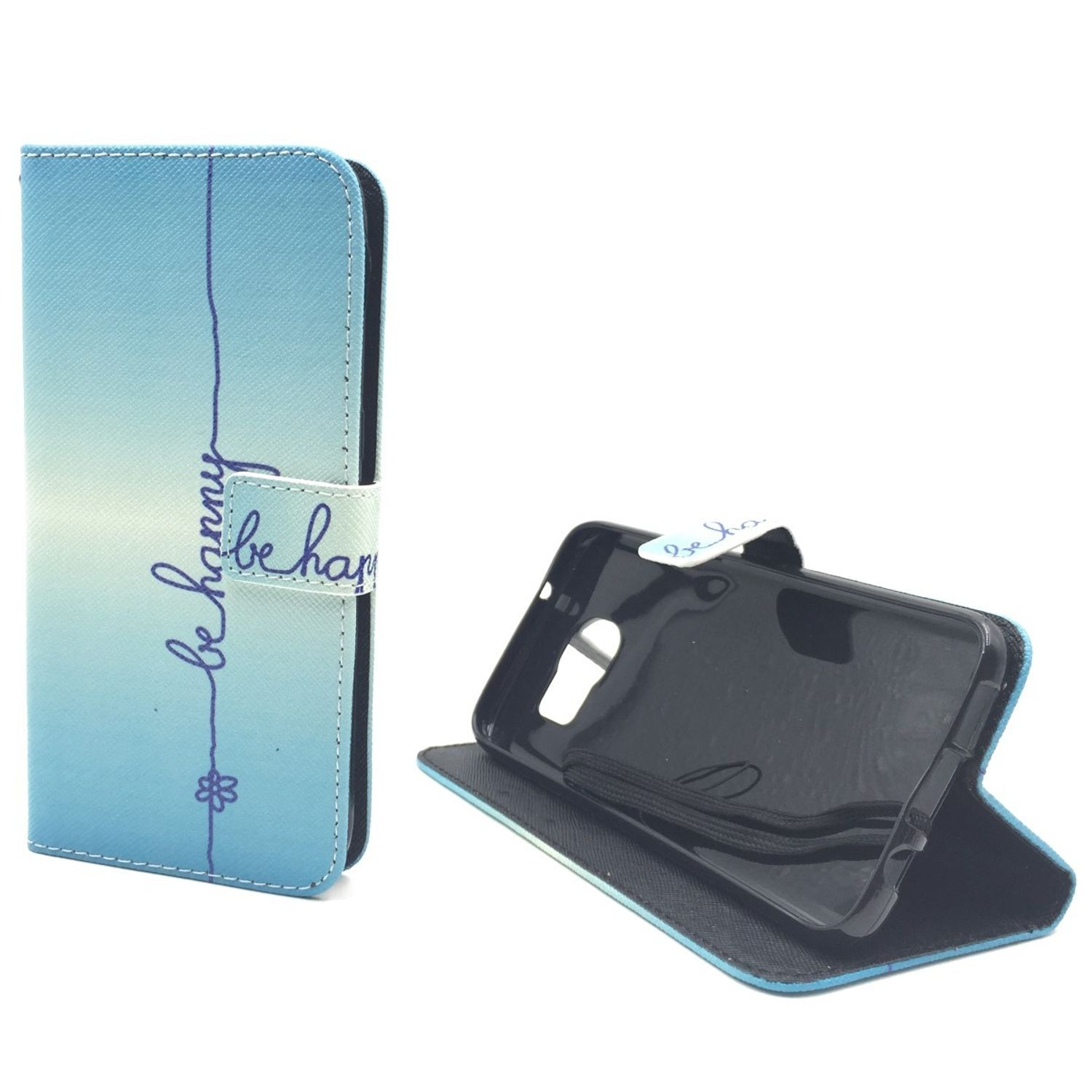 Blaue Handyhülle mit Farbverlauf und dem Schriftzug 'be happy' auf der Hülle.