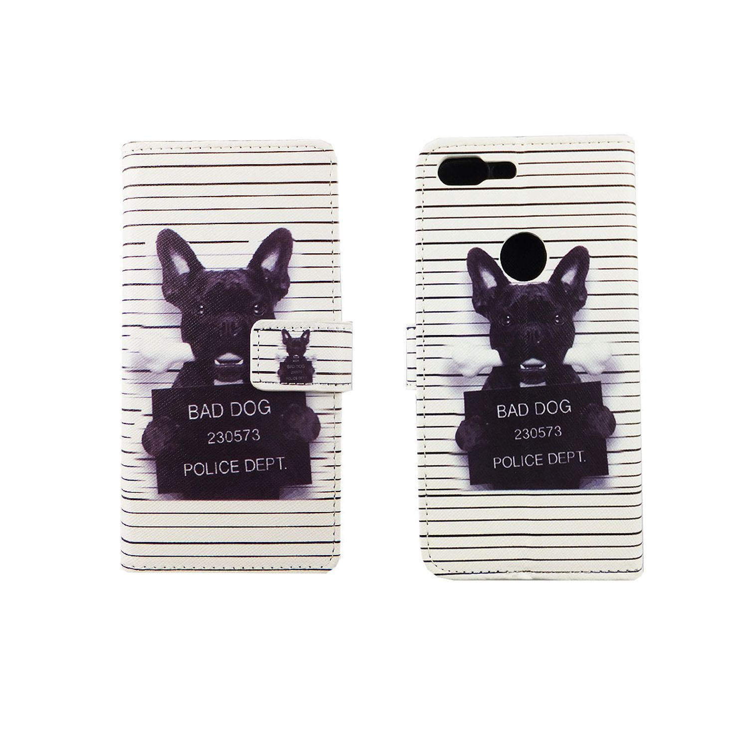 Handyhülle mit einem Hunde-Mugshot-Design auf weißem Streifenhintergrund.