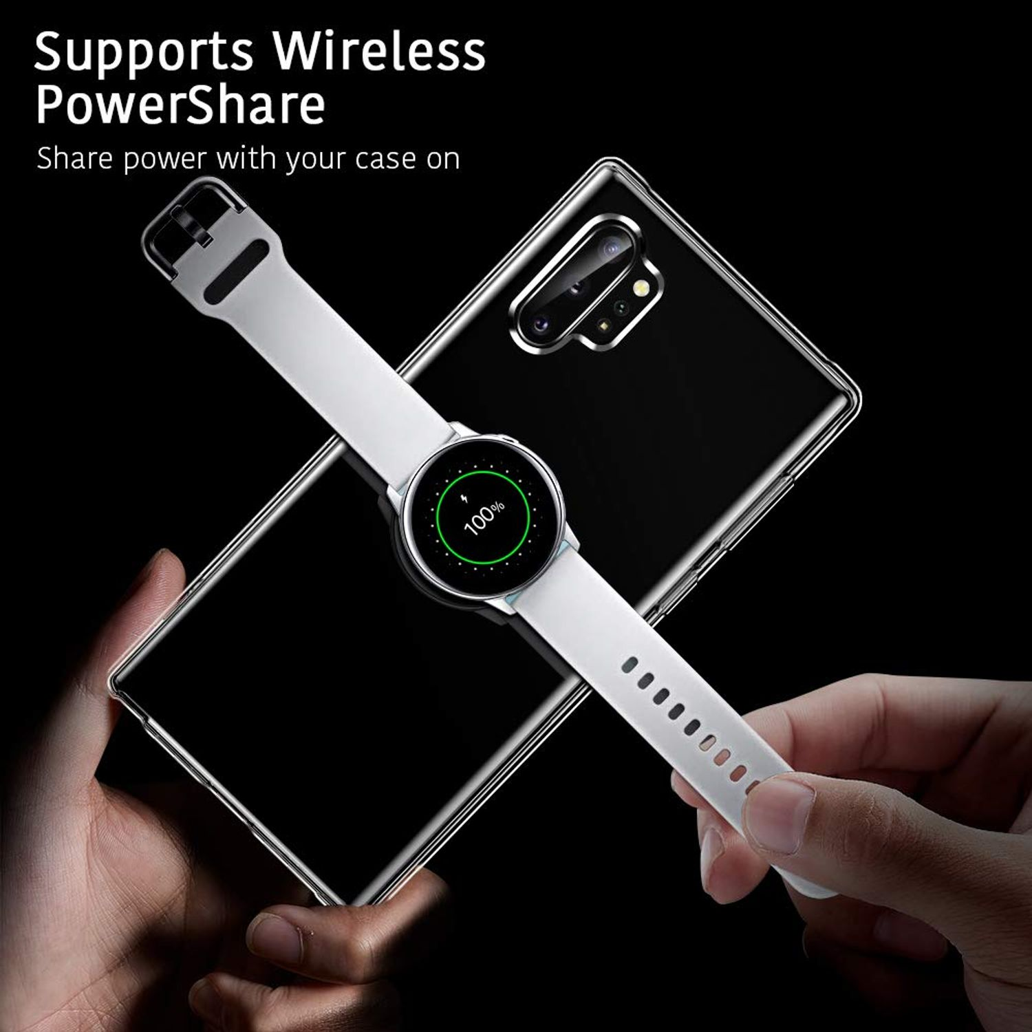 Schwarzes Telefon mit Smartwatch, kabelloses Laden auf schwarzer Oberfläche. Text: Unterstützt Wireless PowerShare.
