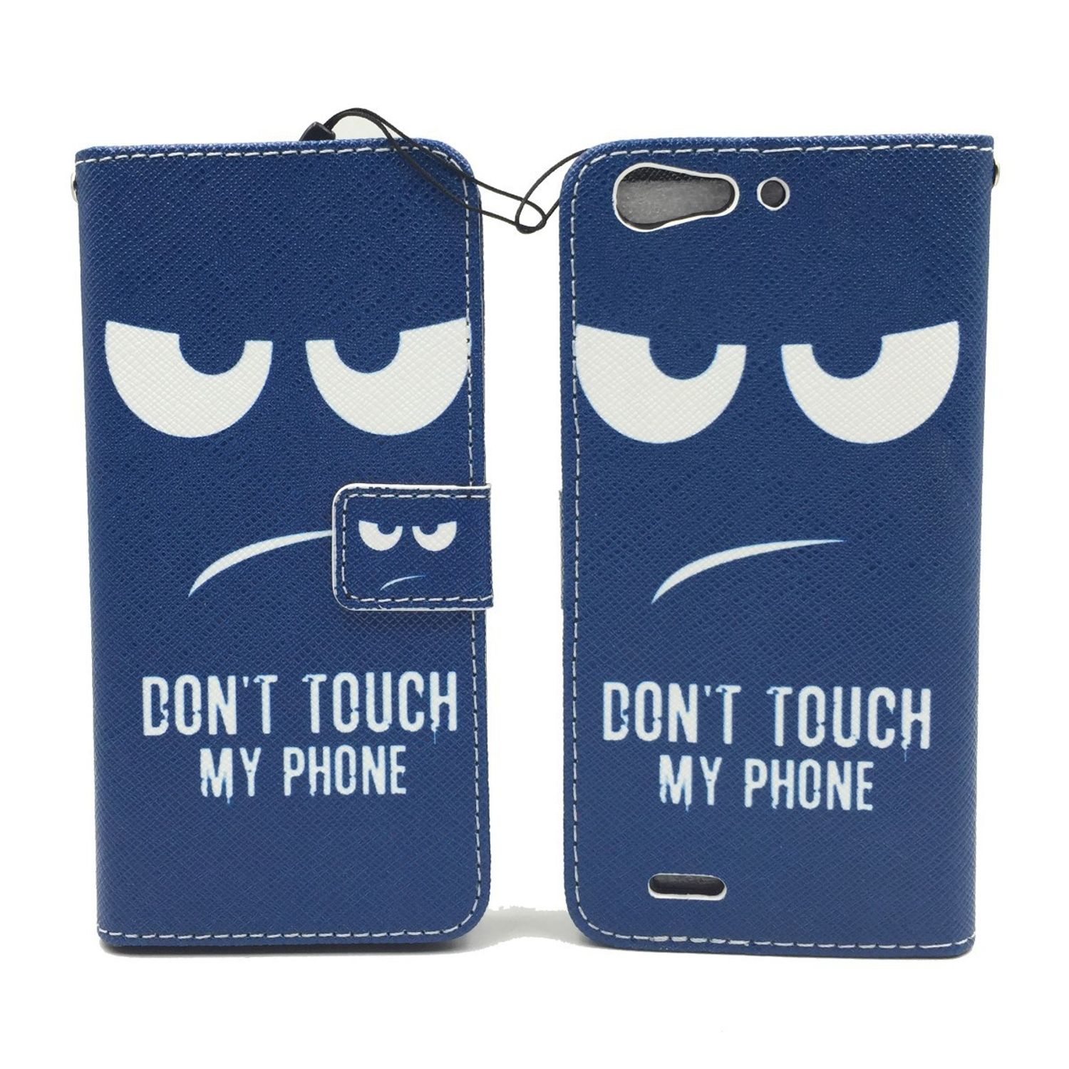 Blaue Handyhülle, mit einem Gesichtsdesign, das sagt: "BERÜHRE MEIN TELEFON NICHT".