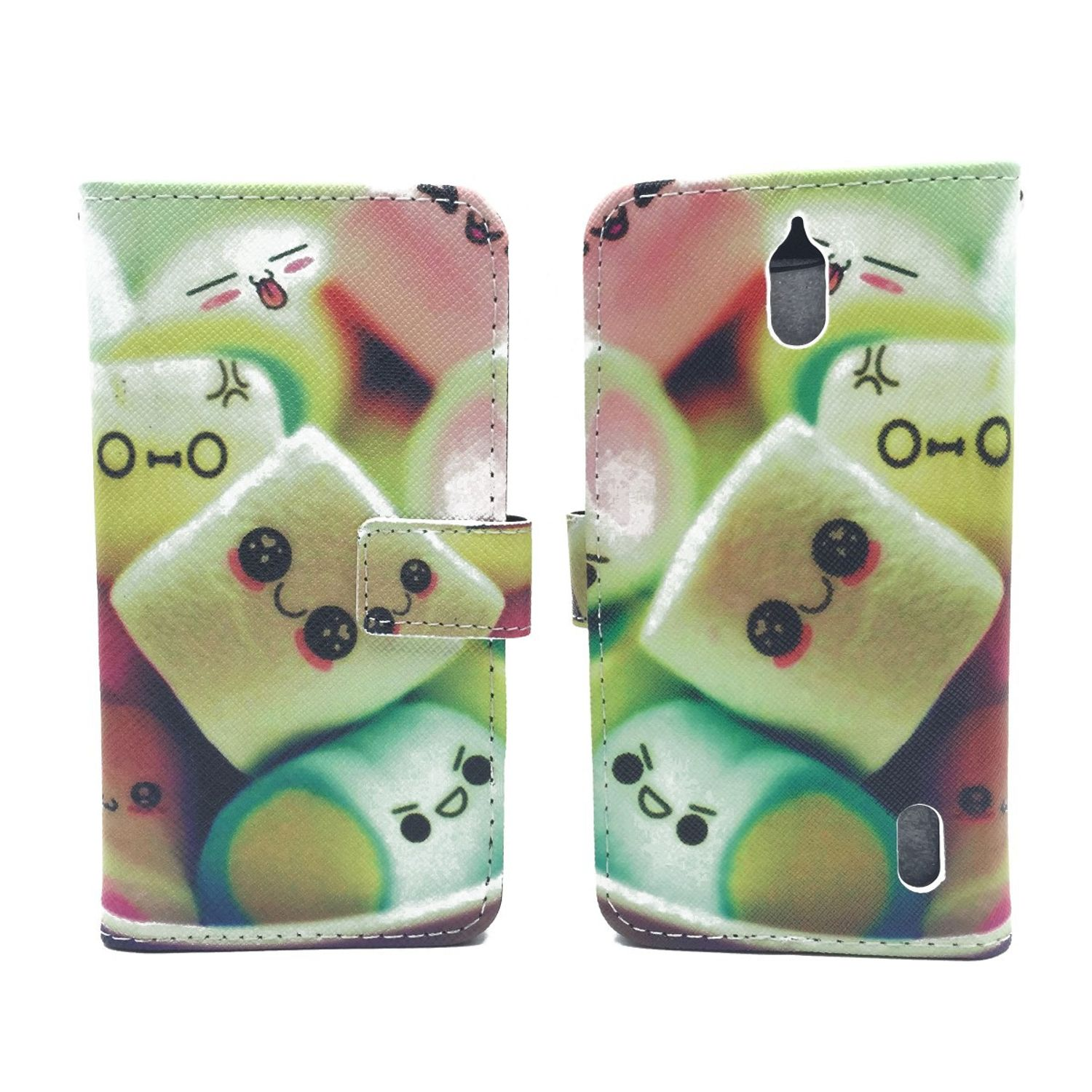 Handyhülle mit Marshmallows, lächelnden Gesichtern. Zwei Hälften geöffnet.