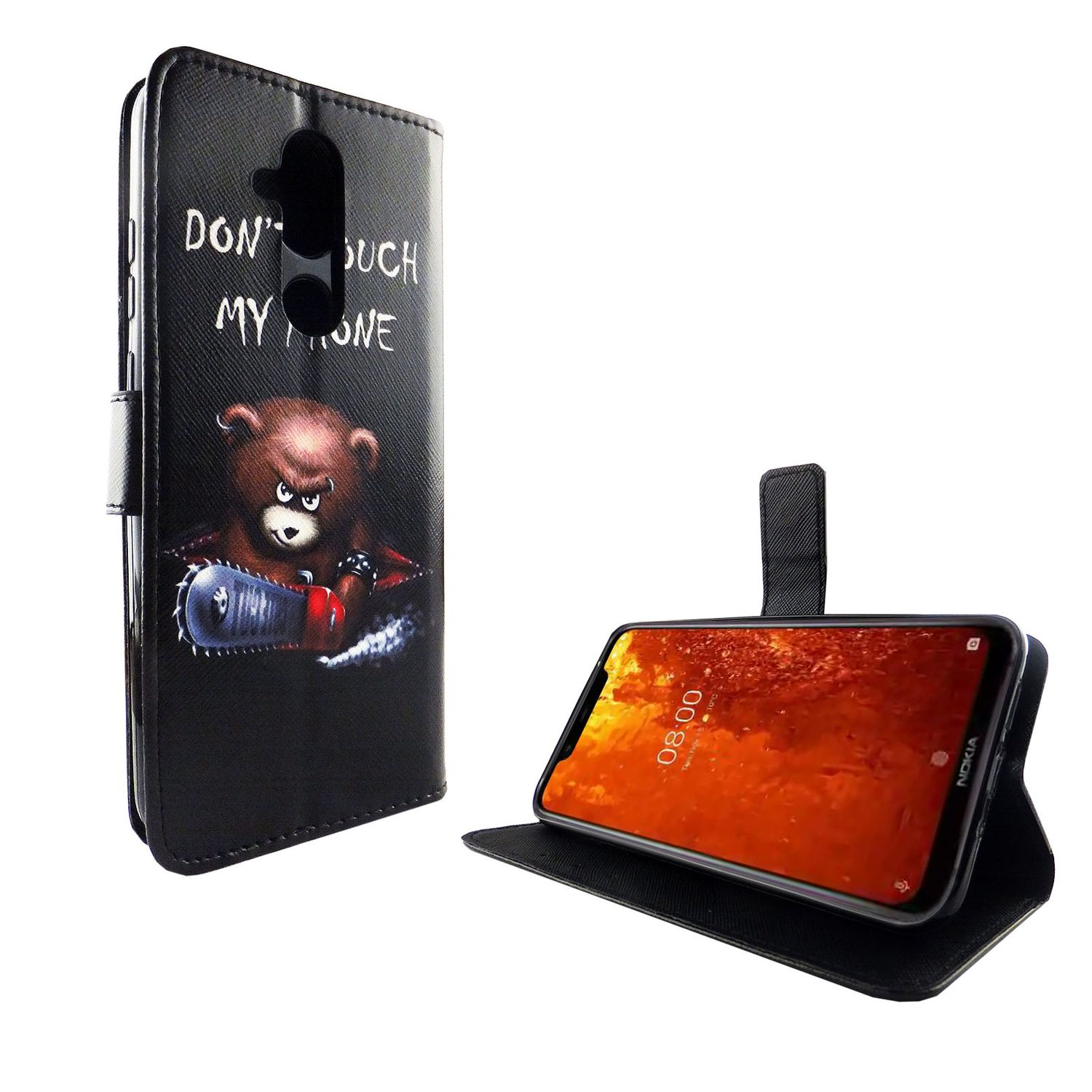 Schwarze Handyhülle mit Bär, der eine Kettensäge hält. Telefon innen sichtbar.