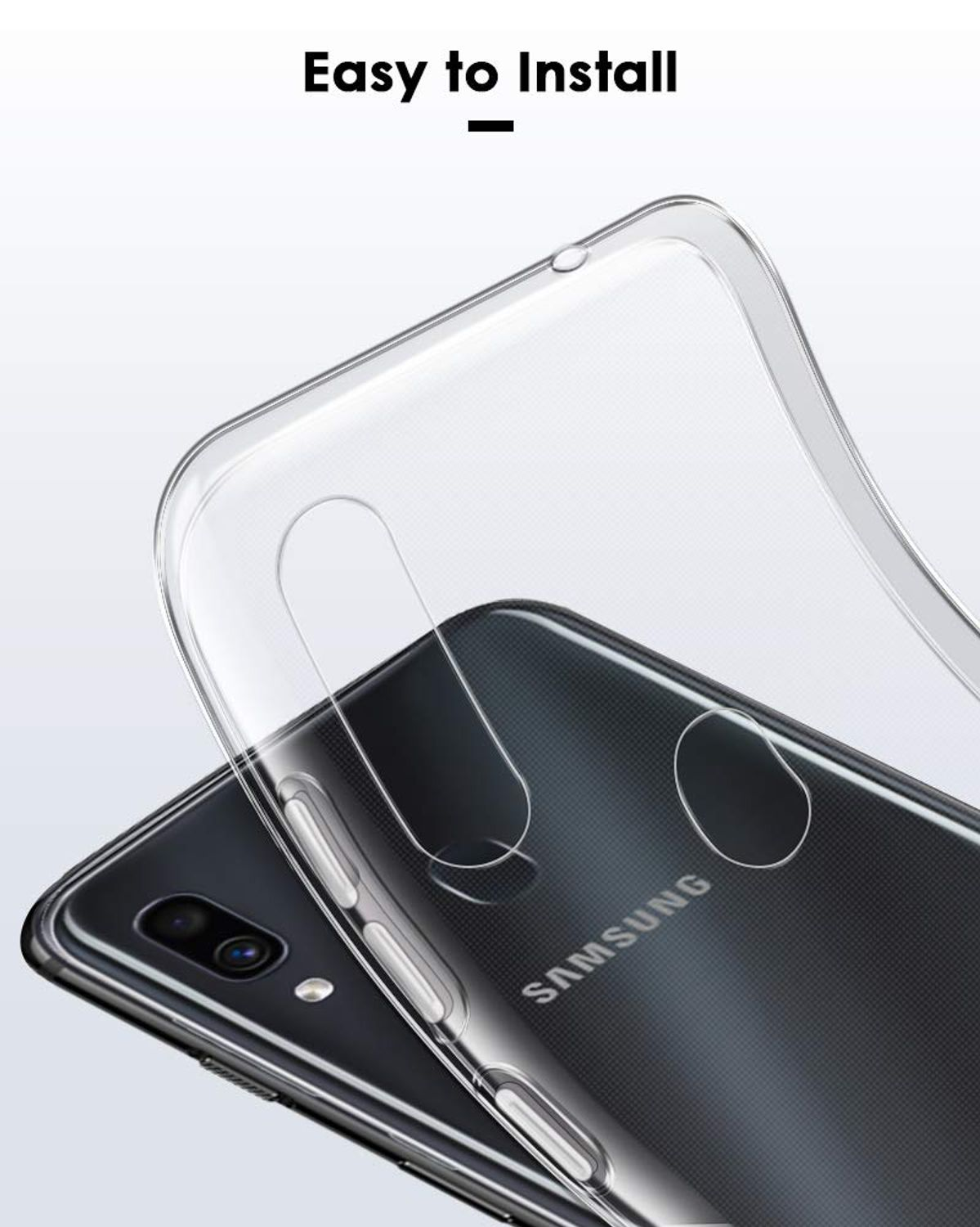 Eine transparente Handyhülle wird auf einem schwarzen Telefon mit Samsung-Logo installiert.