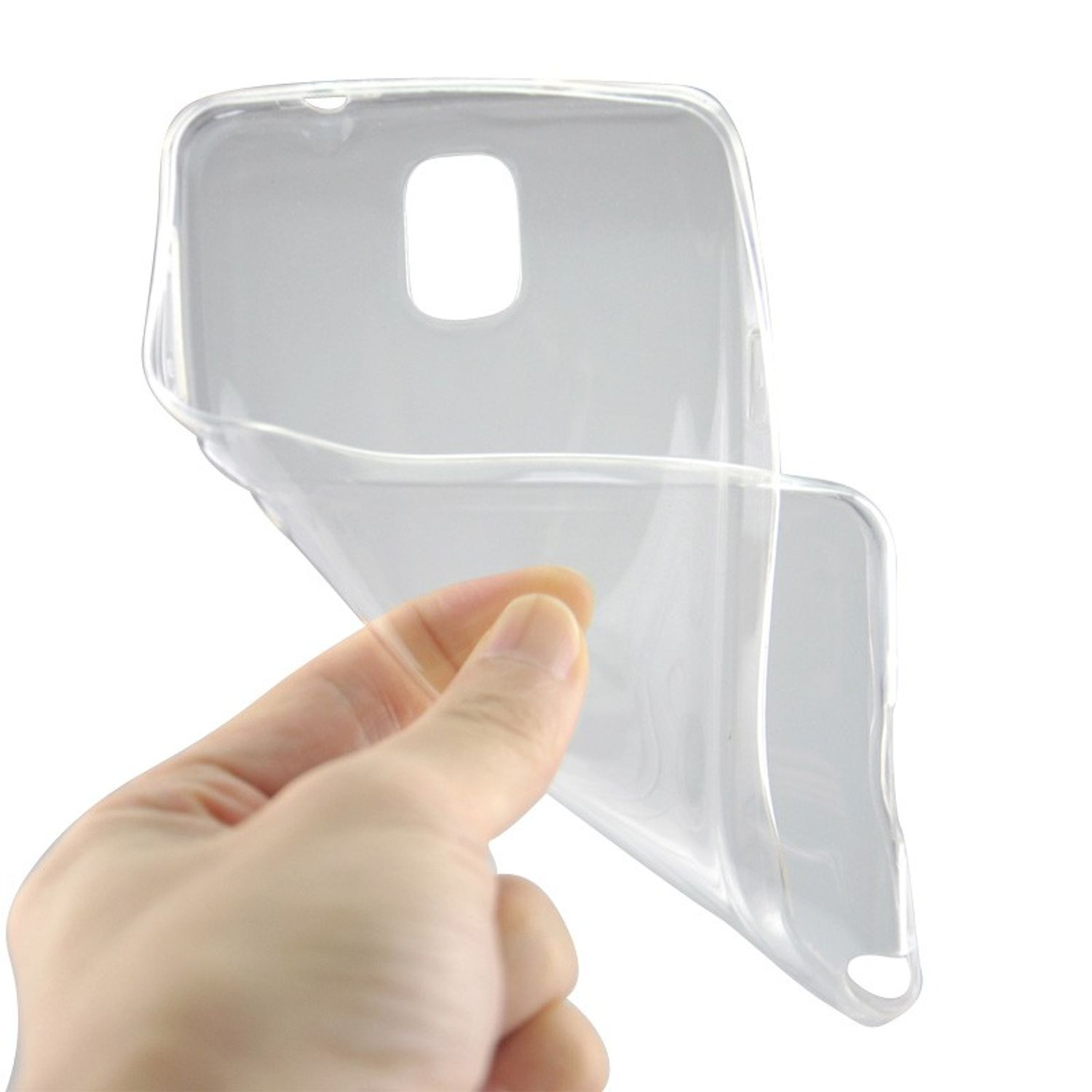 Hand hält eine transparente Plastik-Handyhülle, leicht gebogen.