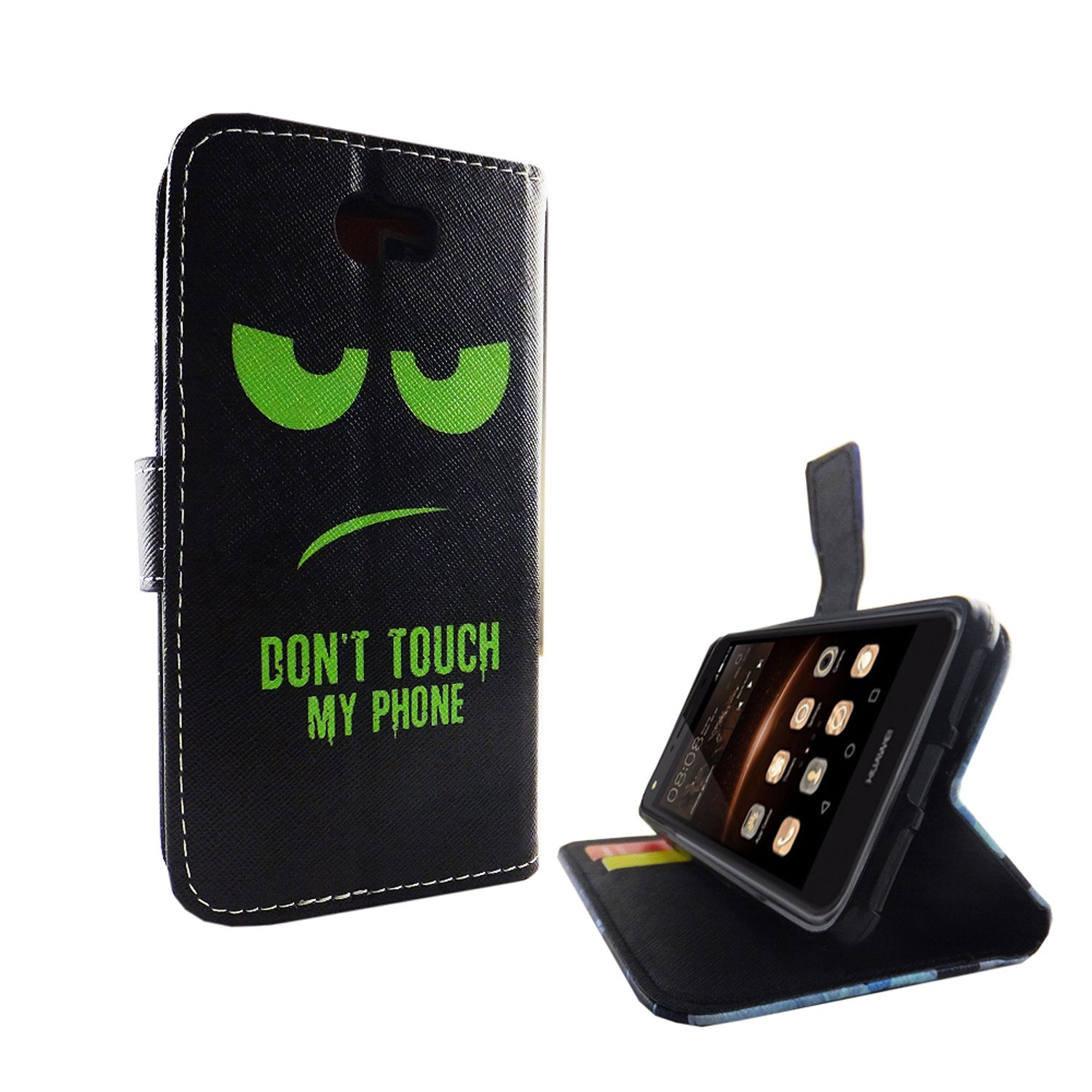 Schwarze Handyhülle mit einem grimmigen Gesicht. Das Telefon befindet sich in der Hülle. Die Hülle ist offen.