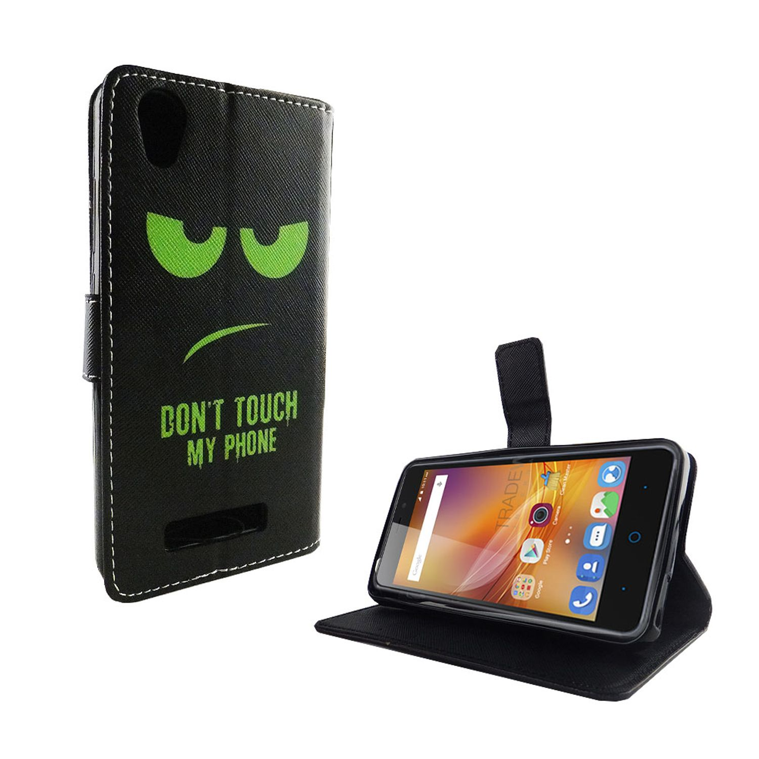 Schwarze Handyhülle mit grünem wütenden Gesicht und Text 'DON'T TOUCH MY PHONE'. Telefon innen. Weißer Hintergrund.