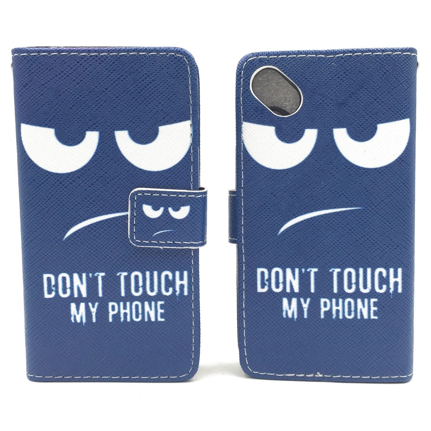 Blaue Handyhülle mit wütendem Gesicht und Text 'DON'T TOUCH MY PHONE'. Weißer Hintergrund.