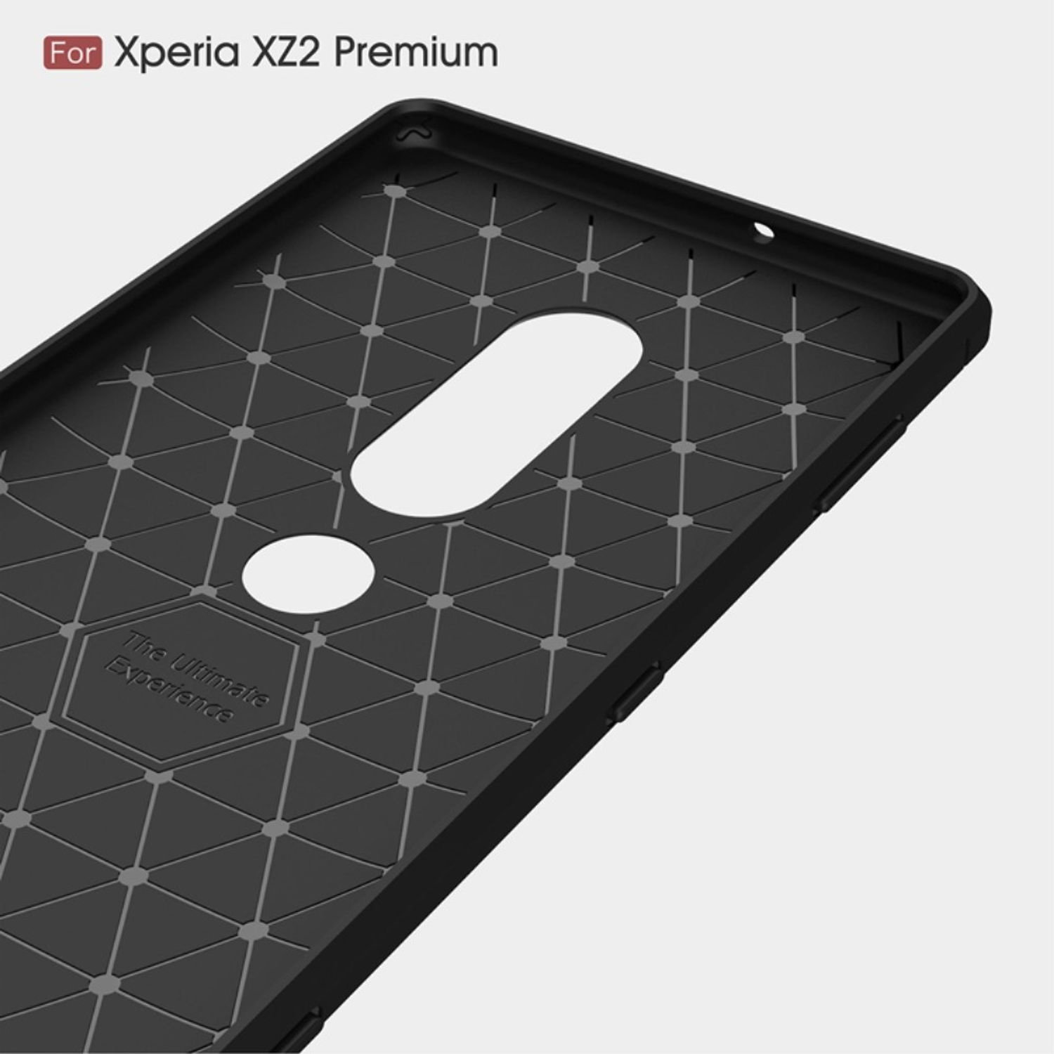 Eine schwarze Handyhülle mit geometrischem Muster und dem Text 'The Ultimate Experience' für Xperia XZ2 Premium.