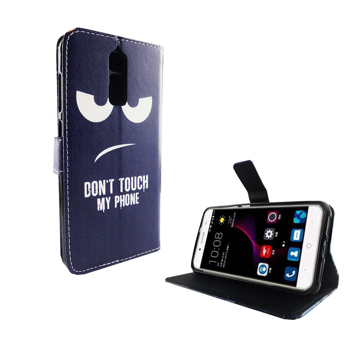 Blaue Handyhülle mit wütendem Gesicht und dem Text 'DON'T TOUCH MY PHONE'. Ein Handy ist rechts geöffnet.