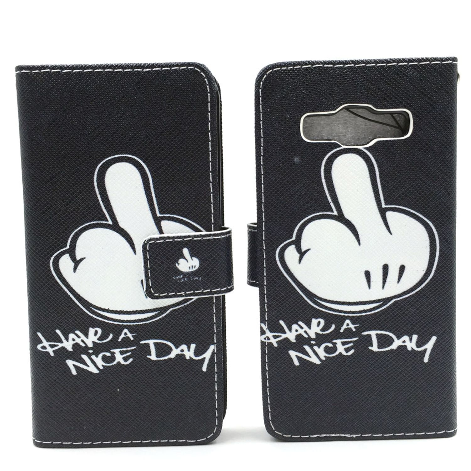 Eine schwarze Handyhülle mit weißer Handgeste und dem Text "HAVE A NICE DAY".