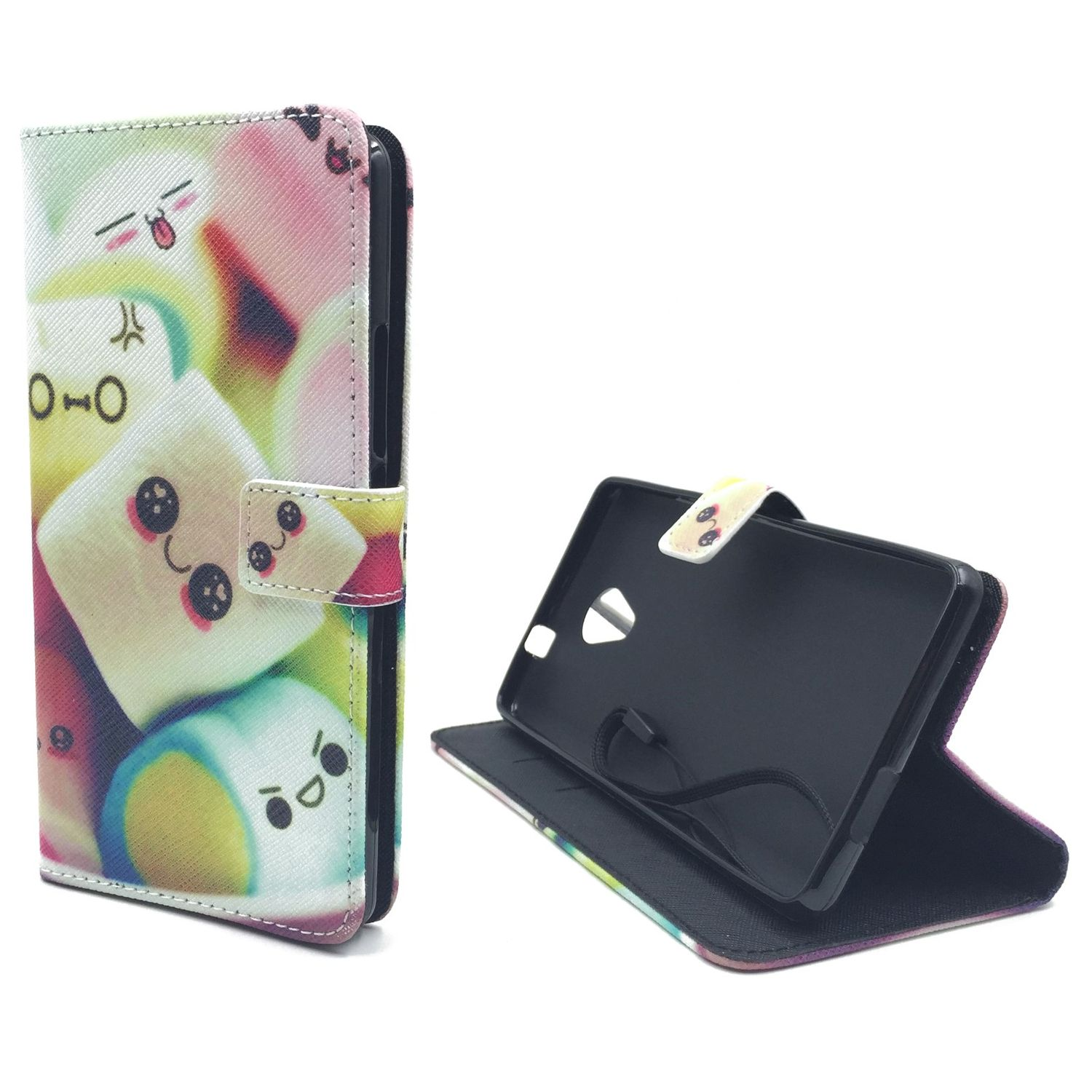 Handyhülle mit Marshmallow-Design und Telefon im Inneren. Die Hülle ist geöffnet.
