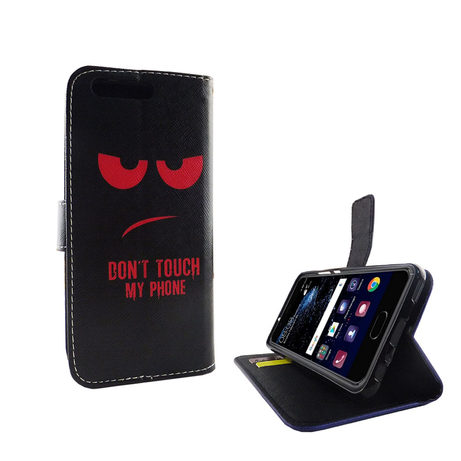 Handyhülle mit einem wütenden Gesicht und den Worten „Don't Touch My Phone“. Das Telefon befindet sich in einem Ständer.