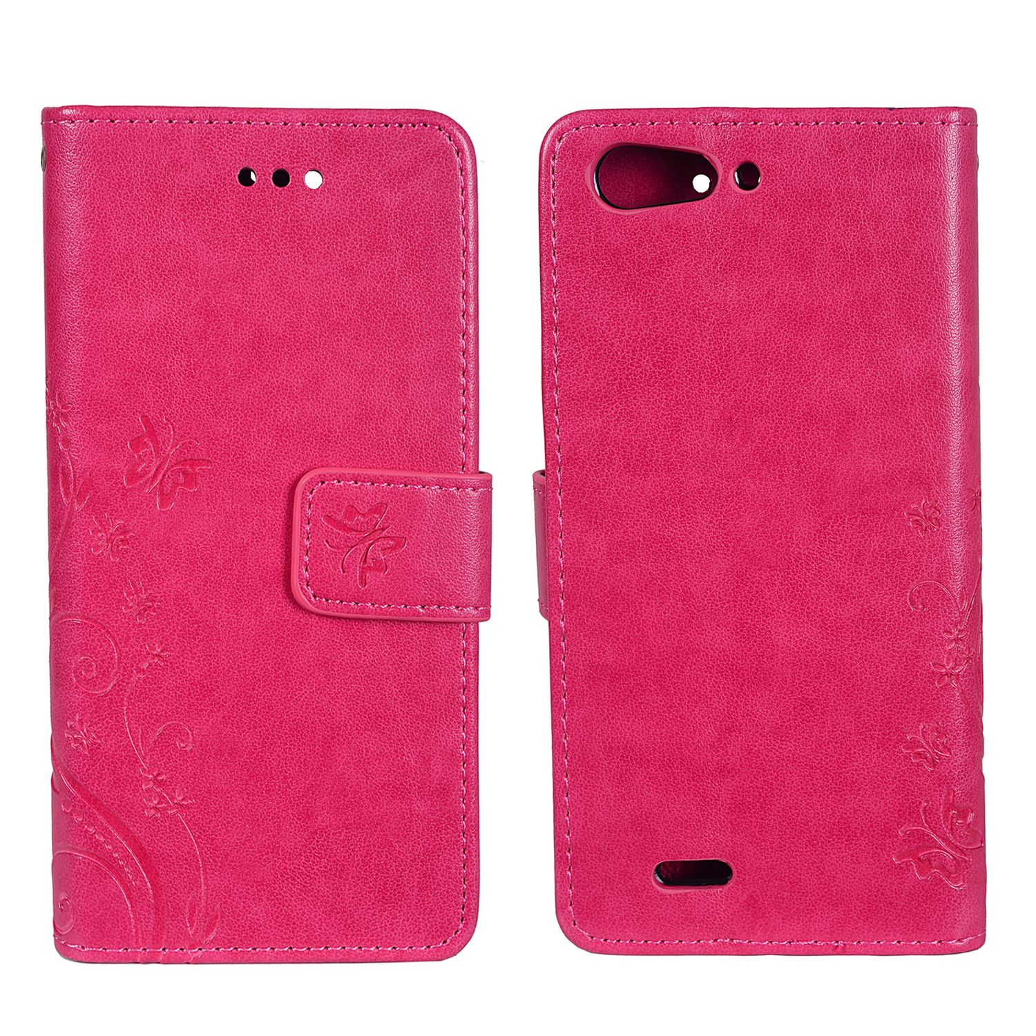 Rosa Handyhülle mit floralem Design und Knopf. Telefon nicht sichtbar.