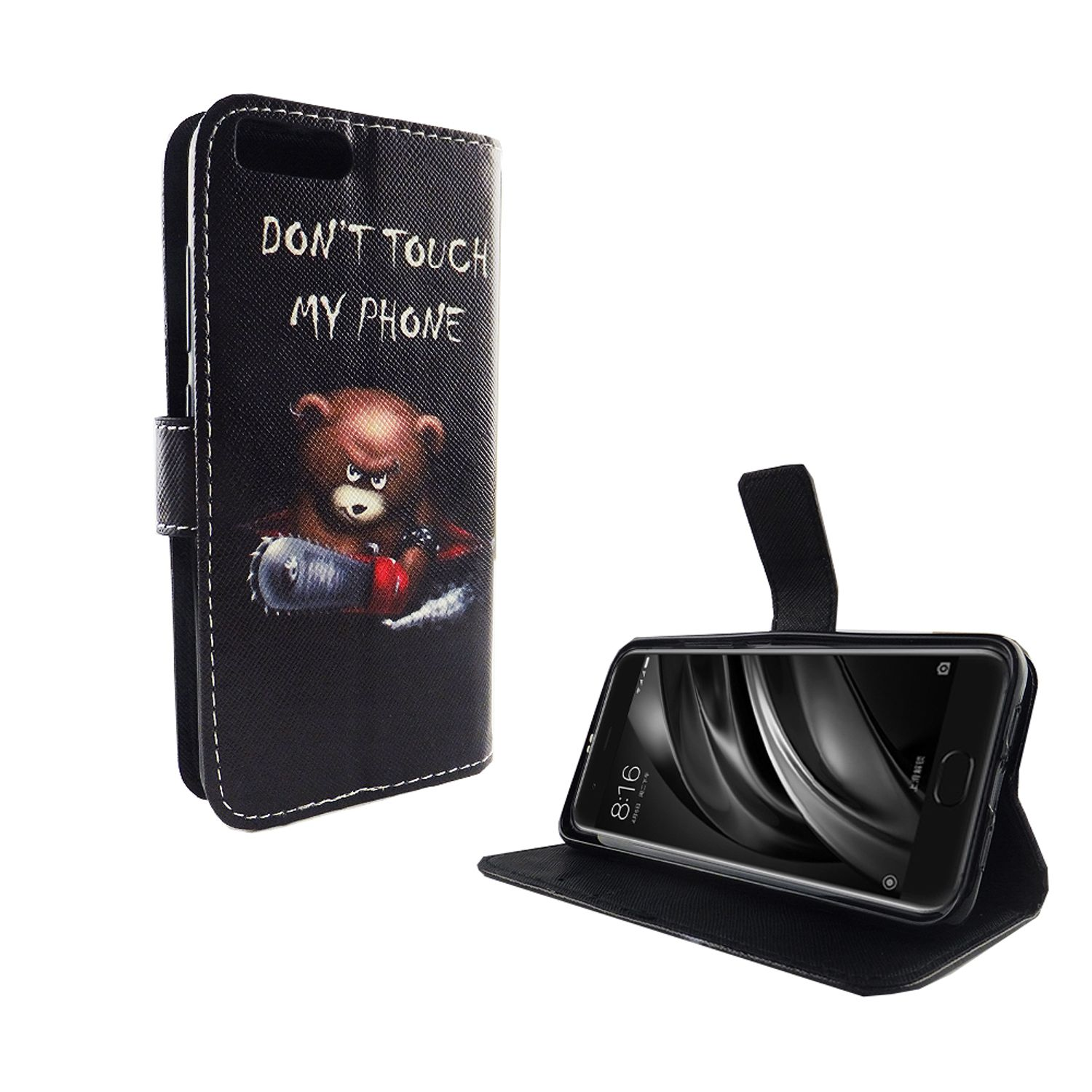 Schwarze Handyhülle mit Bärenmotiv und der Aufschrift 'Don't touch my phone'. Ein Telefon ist drin.