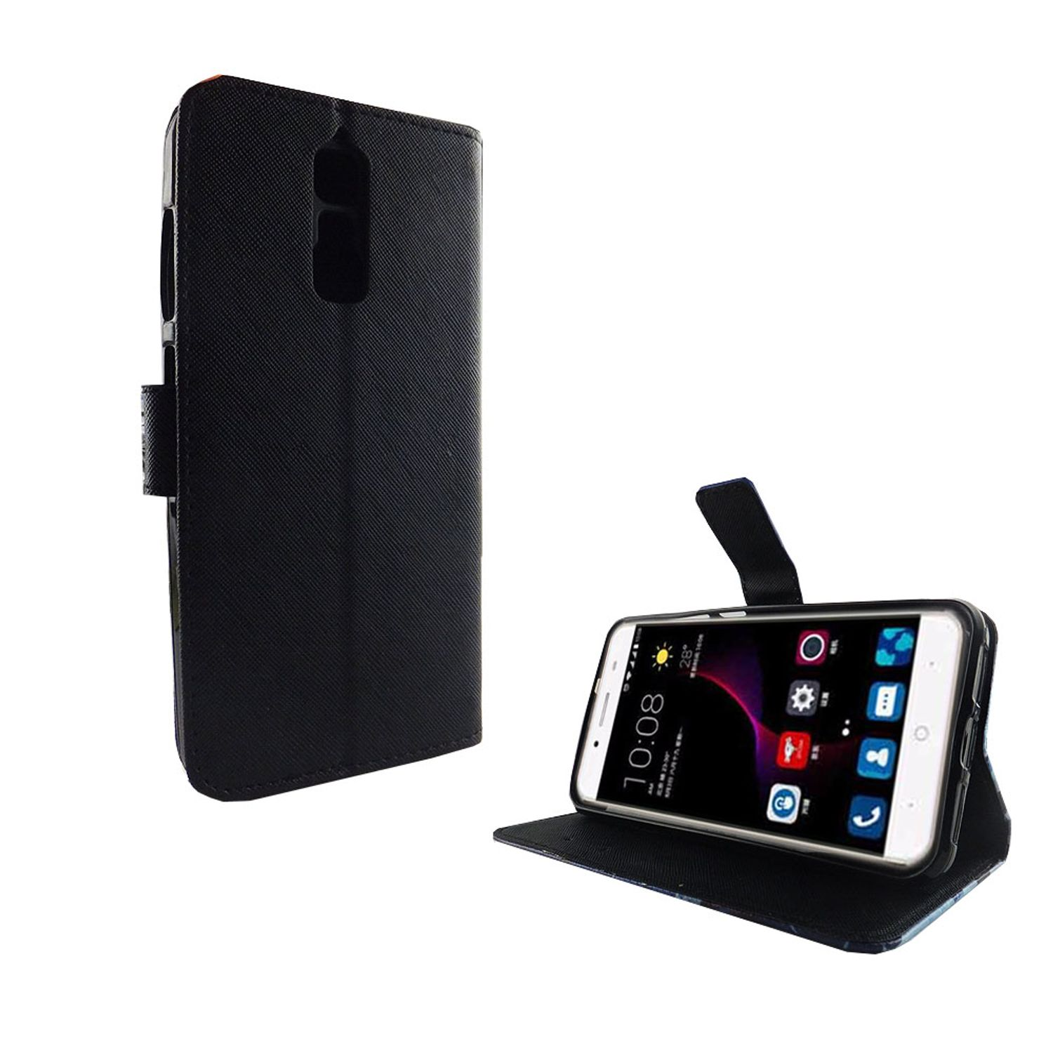 Schwarzes Handycase mit einem Telefon im Inneren. Das Telefon zeigt einen bunten Bildschirm.