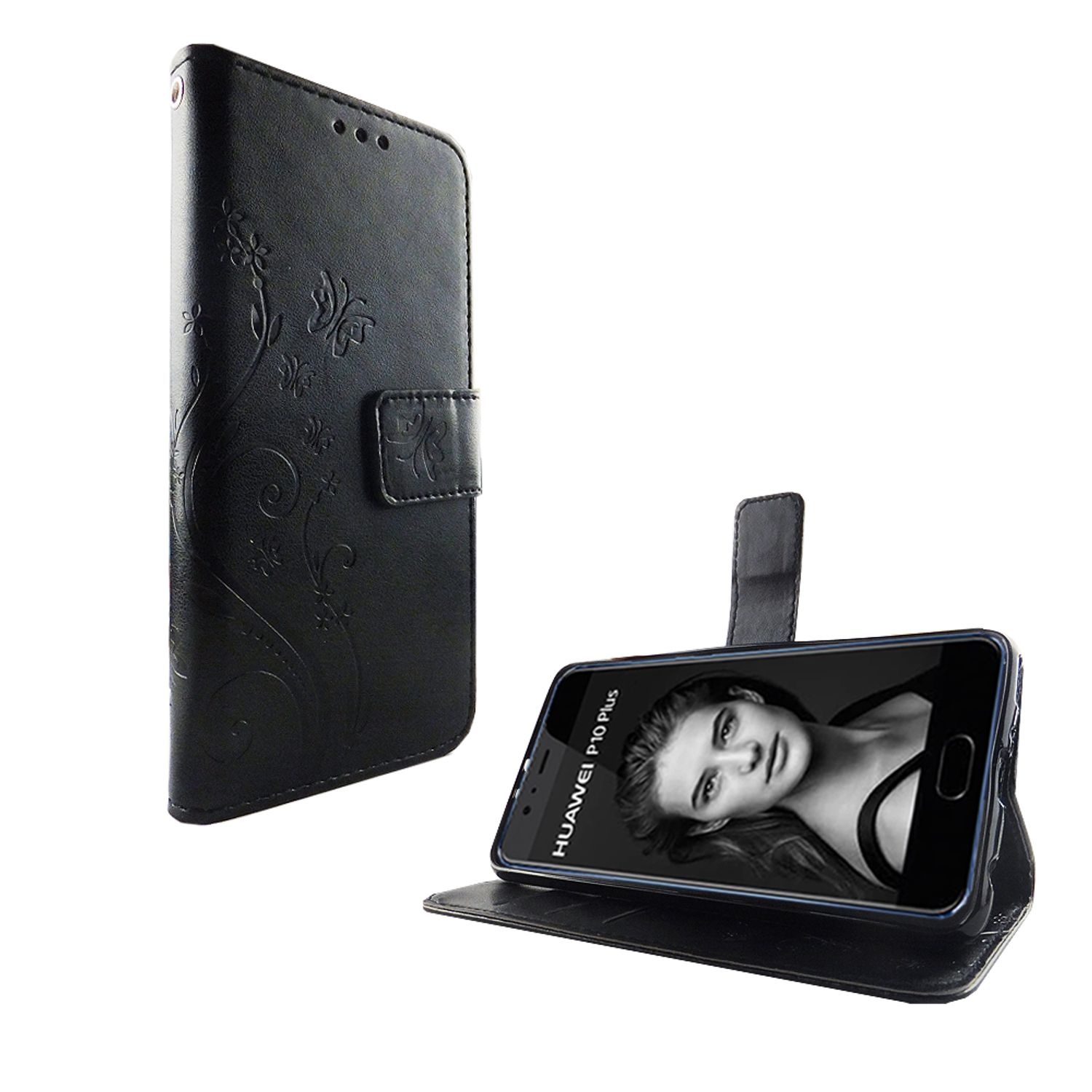 Schwarze Handyhülle mit einem Telefon im Inneren, das ein Bild einer Frau anzeigt. Hülle mit Blumen.