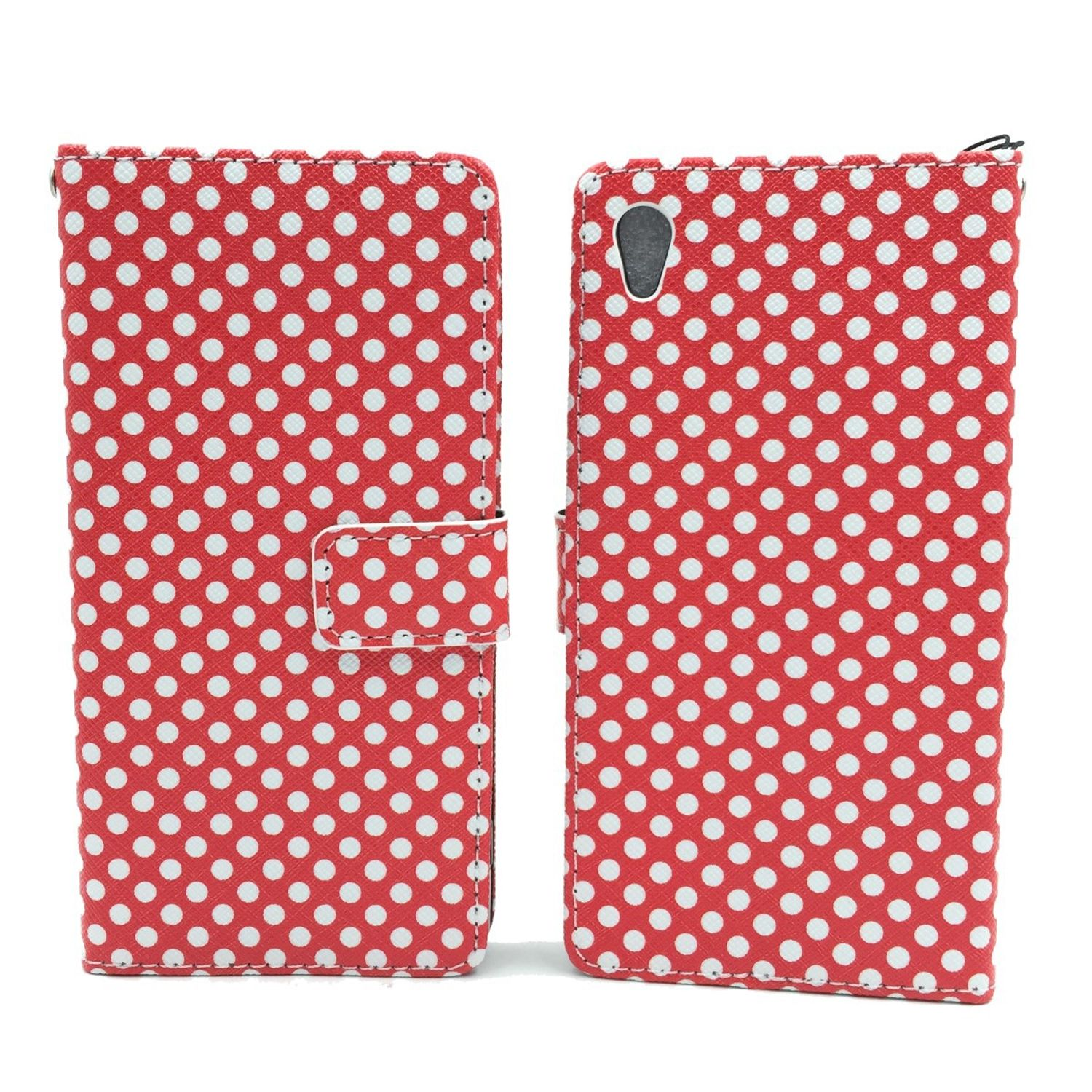 Rot-weiß gepunktete Handyhülle. Sie ist offen, mit einem rot-weißen Design.