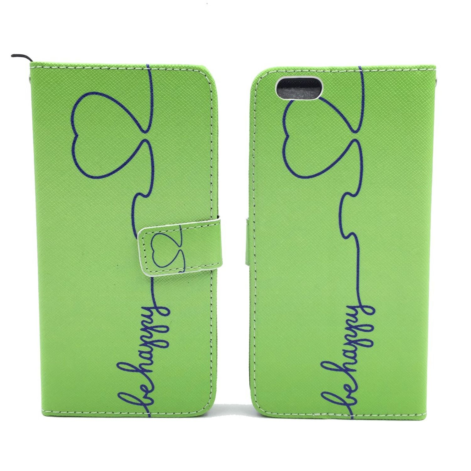 Eine grüne Handyhülle mit einem Design und dem Wort „be happy“. Die Hülle ist offen.