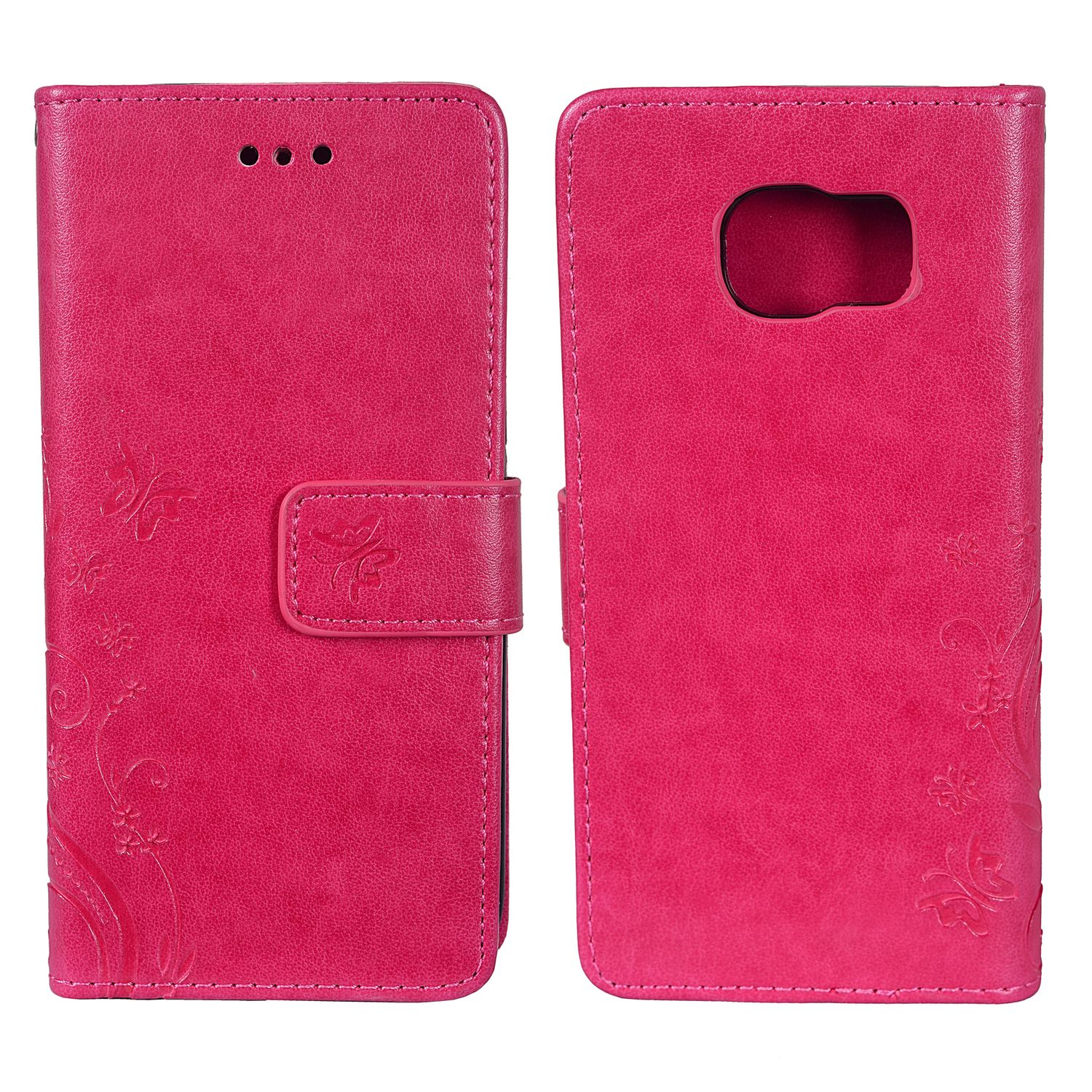 Rosa Handyhülle mit floralem Design, offen und geschlossen. Weißer Hintergrund.