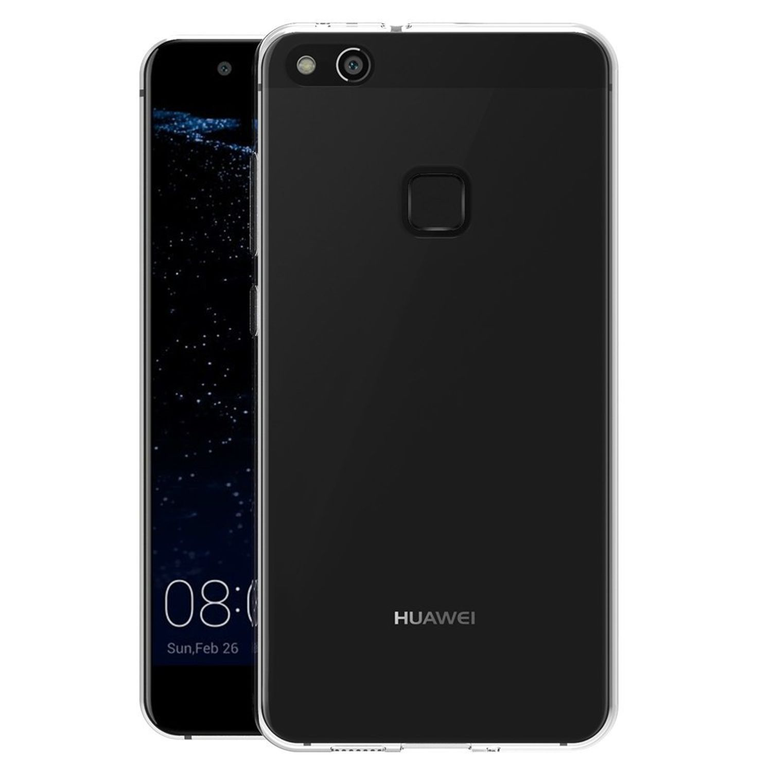 Schwarzes Telefon mit transparenter Hülle. Huawei Logo hinten. Bildschirm aus. Weißer Hintergrund.