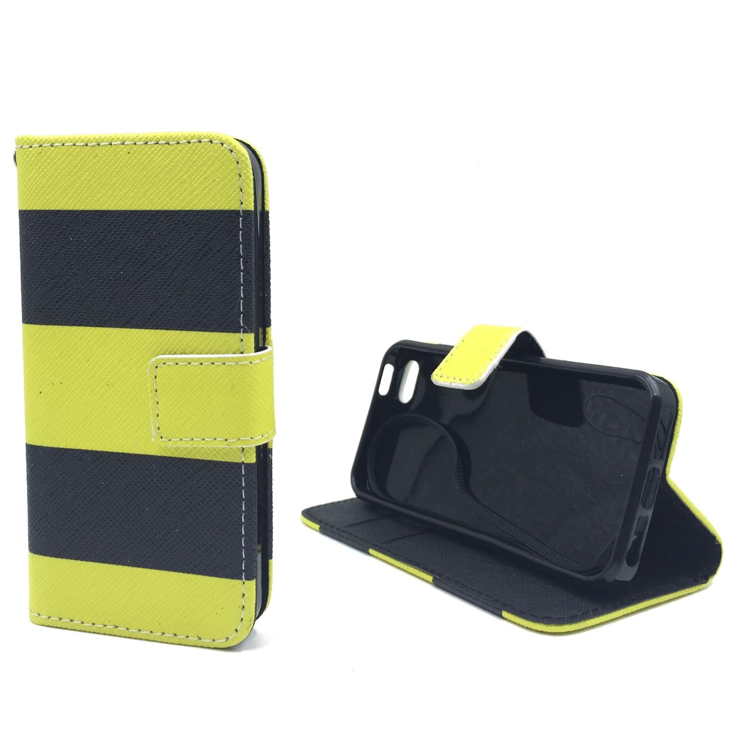 Gelb-schwarz gestreiftes Handycase mit einem Telefon im Inneren. Das Telefon ist in einer schwarzen Hülle.