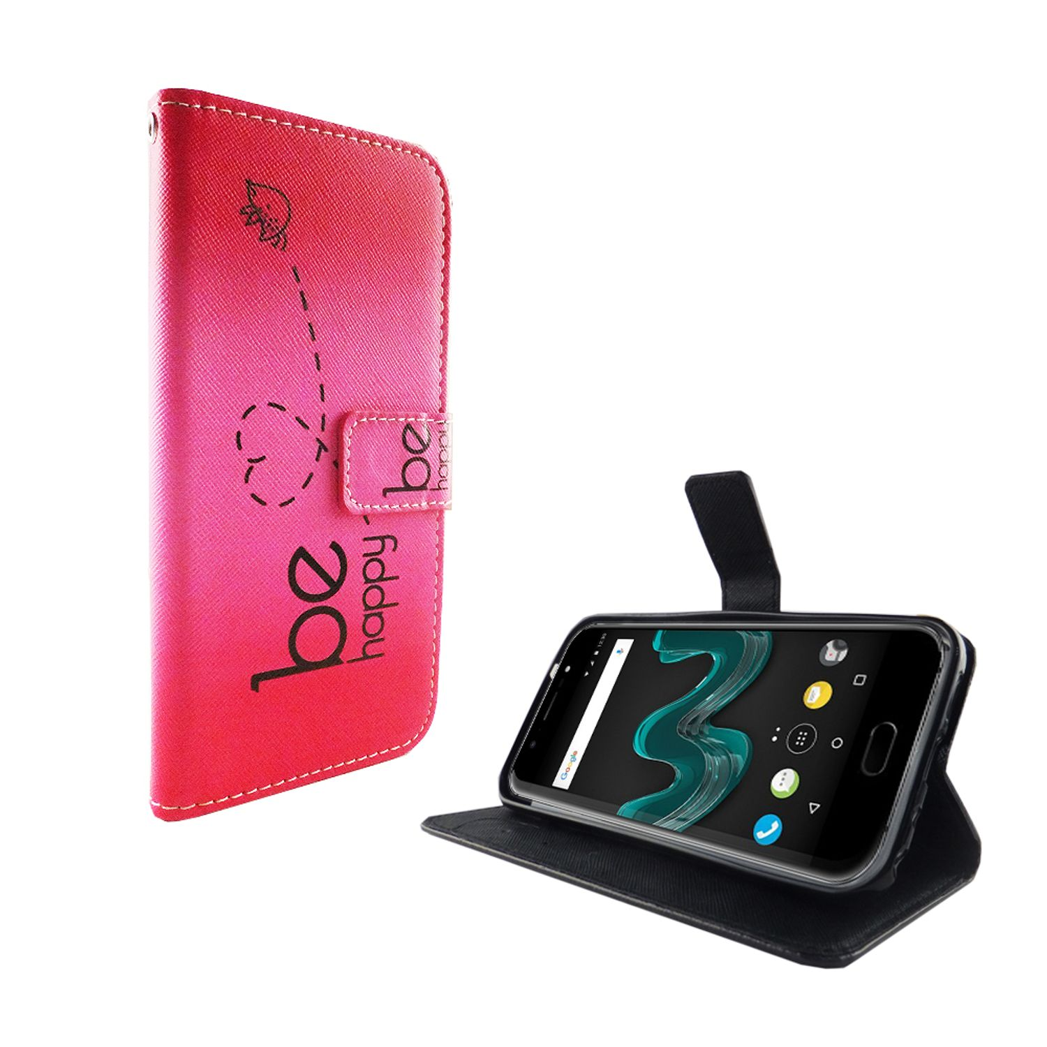 Eine rote Handyhülle mit Herz- und Pfeildesign. Der Text "be happy" steht auf der Hülle.