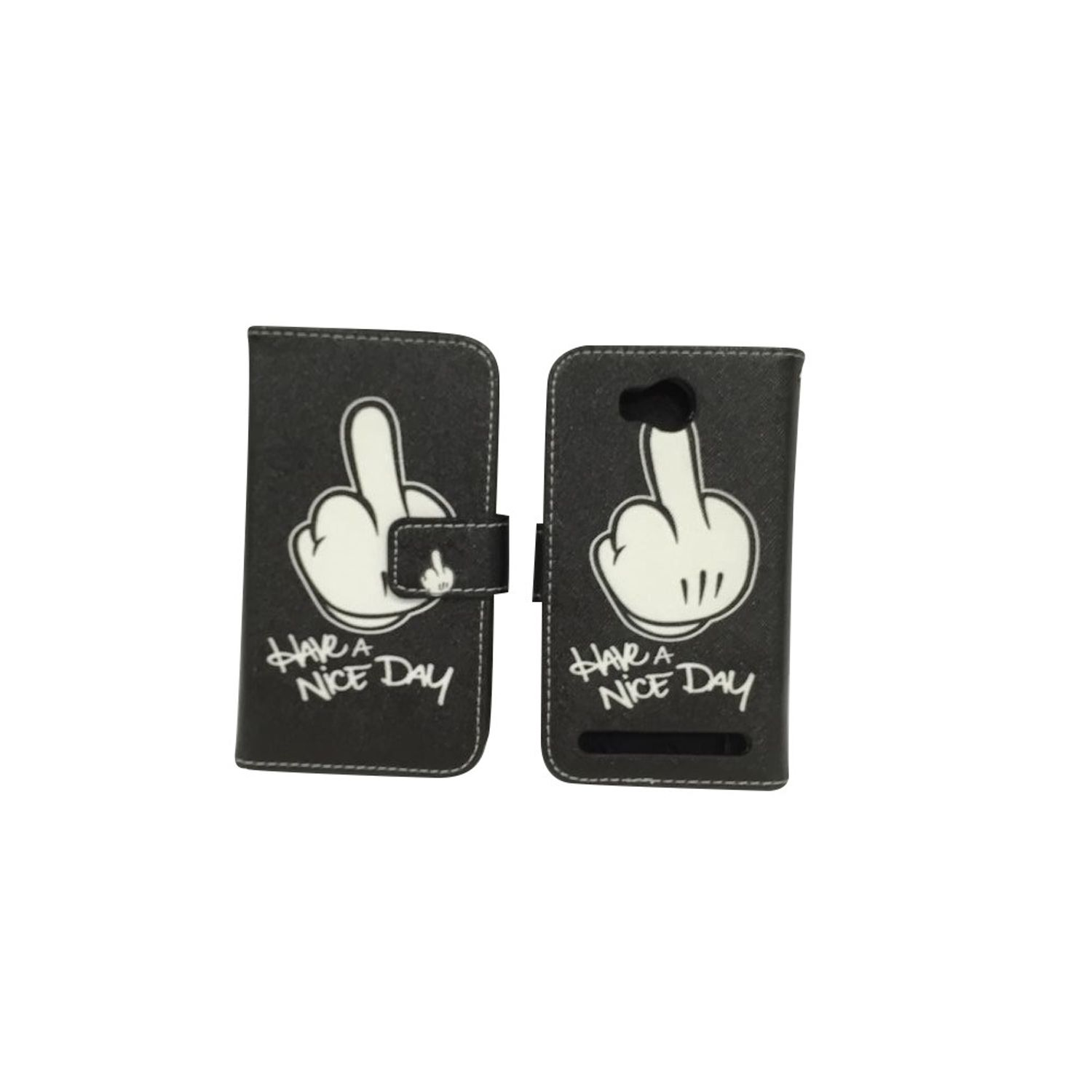 Schwarze Handyhülle mit Mittelfinger-Grafik und den Worten 'Have a nice day'.