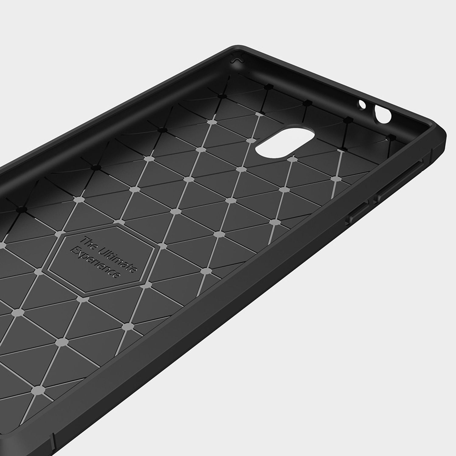 Schwarze Handyhülle mit aufwendigem Design, auf hellgrauem Hintergrund.