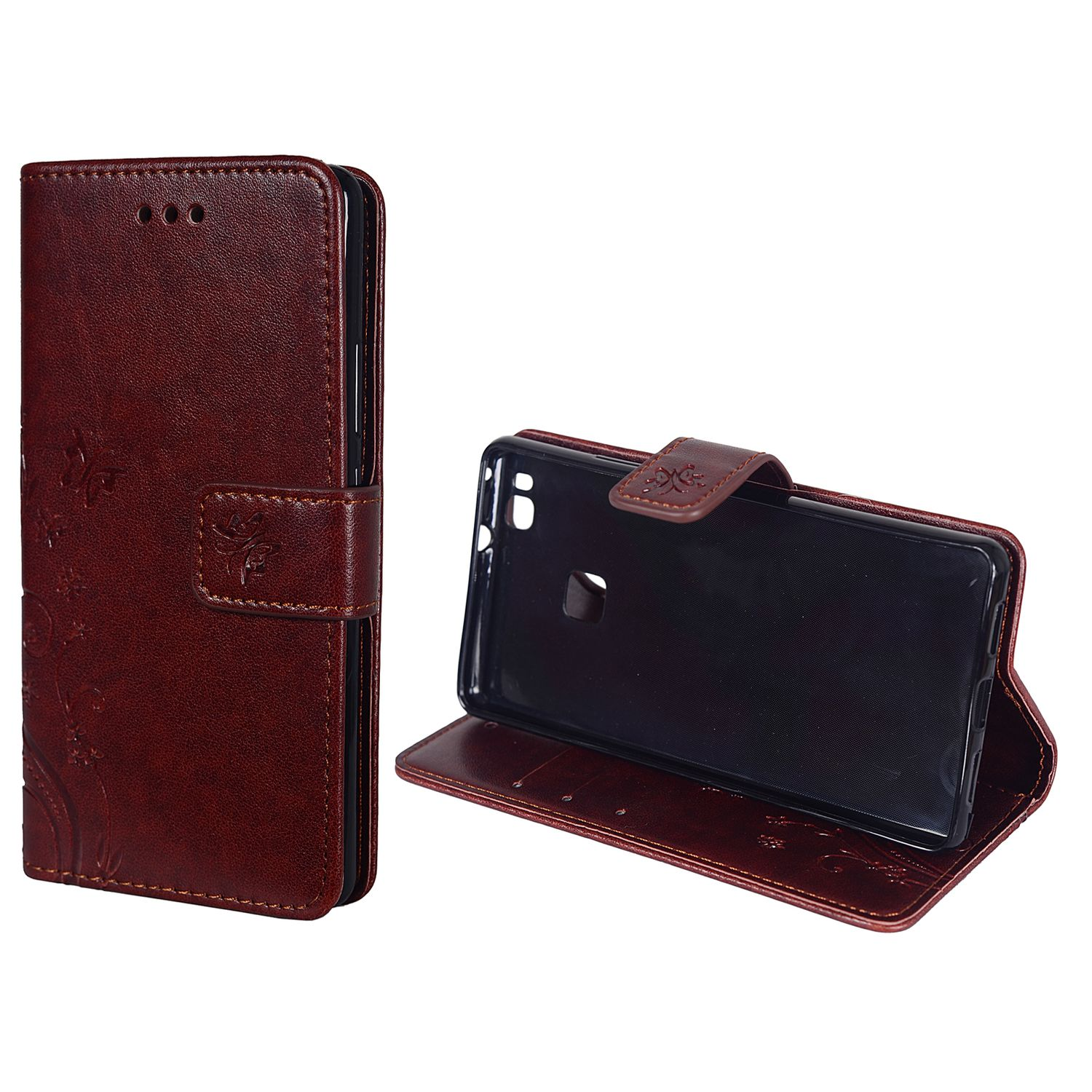 Braune Leder-Handyhülle mit Blumendesign. Telefon ist in der Hülle.