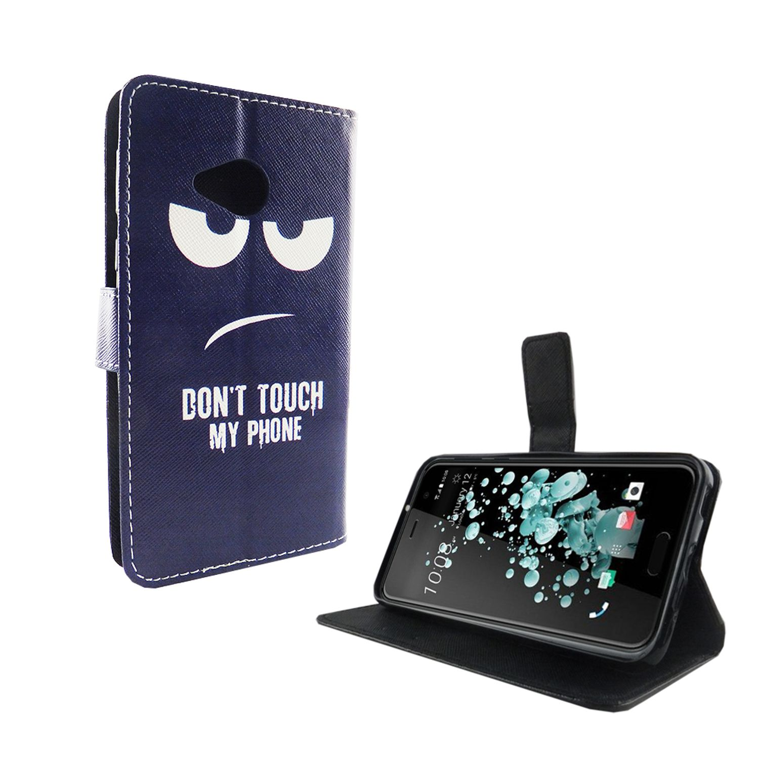 Ein Telefon in einer blauen Hülle mit einem Gesicht darauf. Der Hintergrund ist weiß.