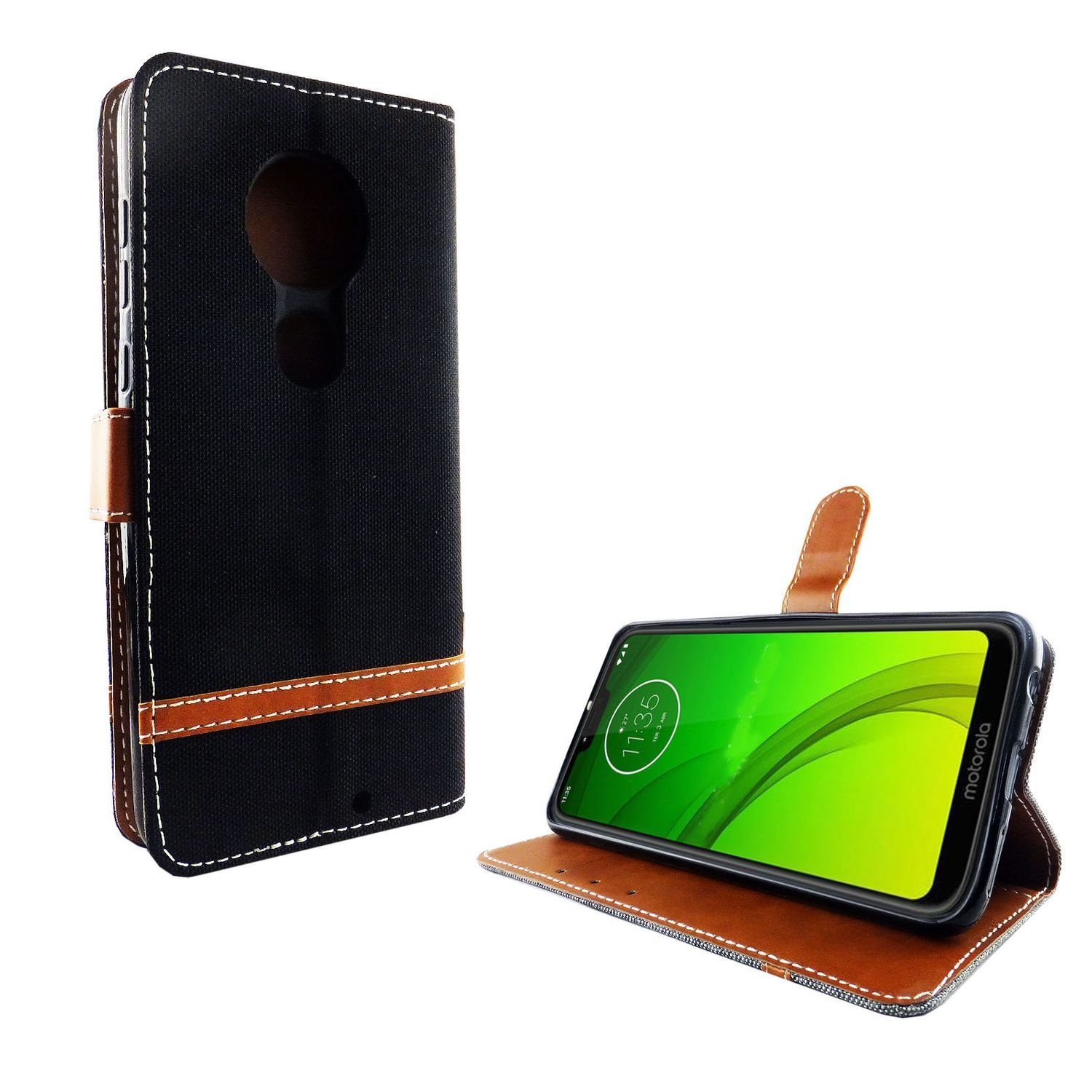 Schwarz-braune Handyhülle mit Telefon darin. Telefon hat grünen Bildschirm mit Zeit. Geöffnete Ansicht.