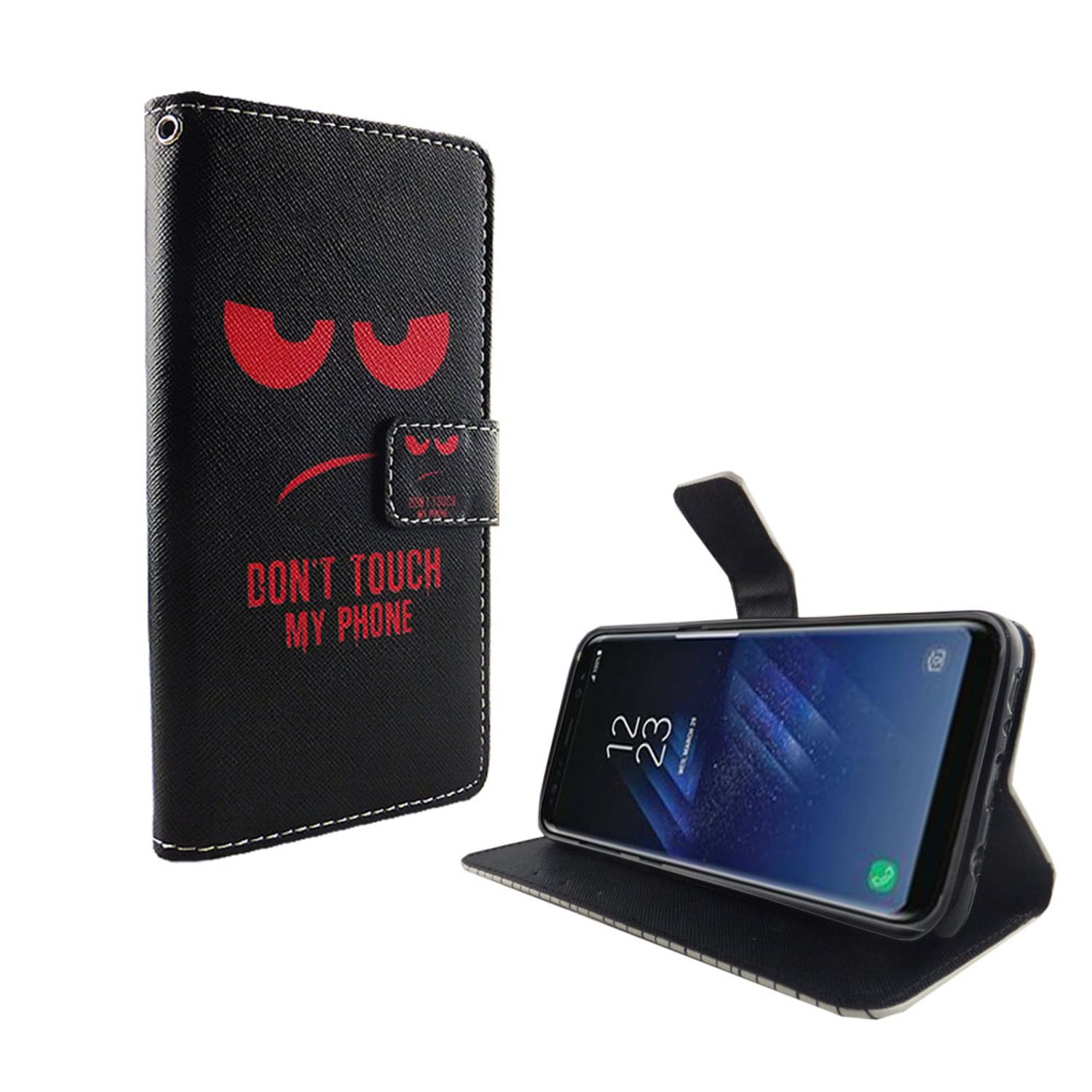 Schwarze Handyhülle mit rotem, wütenden Gesicht. Geöffnete Hülle mit Display.