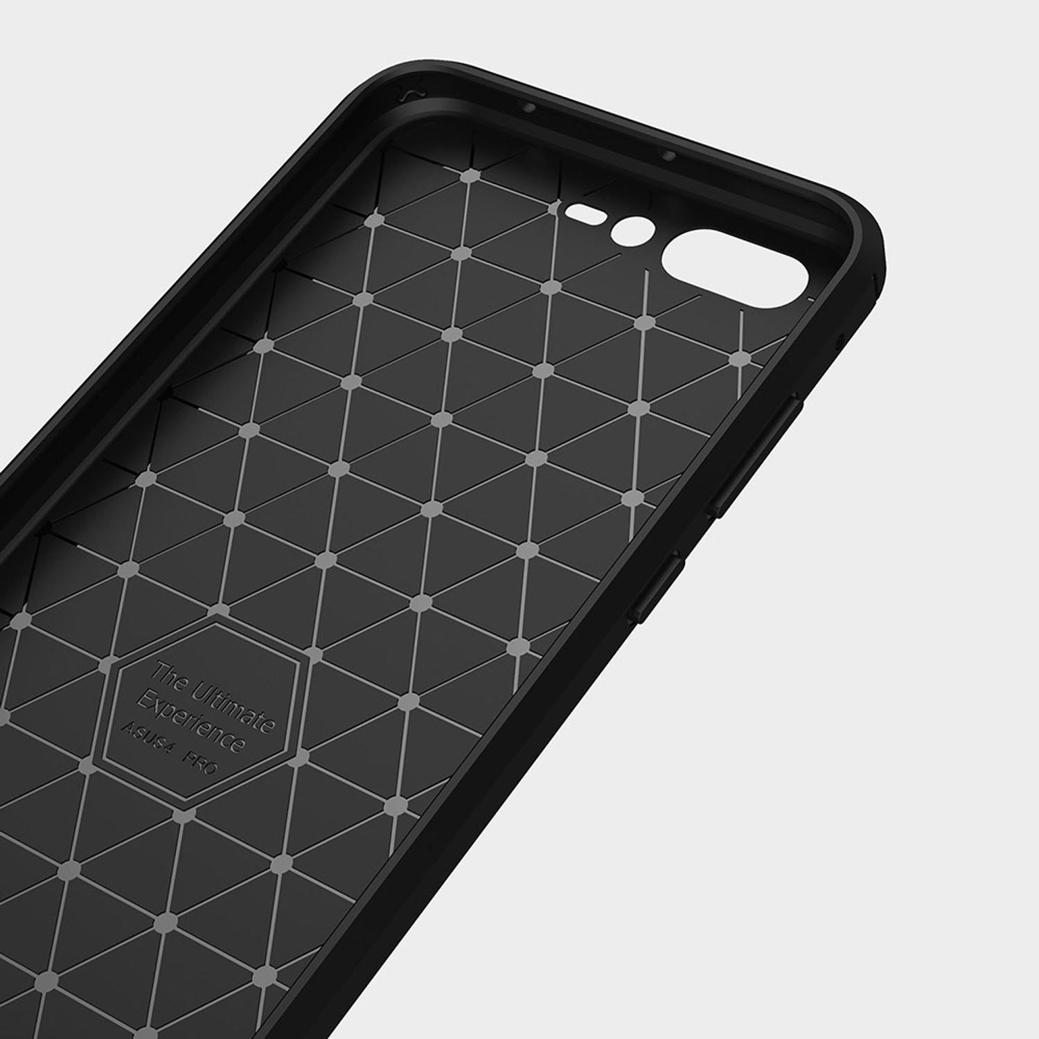 Schwarze Handyhüllenrückseite mit geometrischem Muster und Text 'The Ultimate Experience ASUS PRO'.