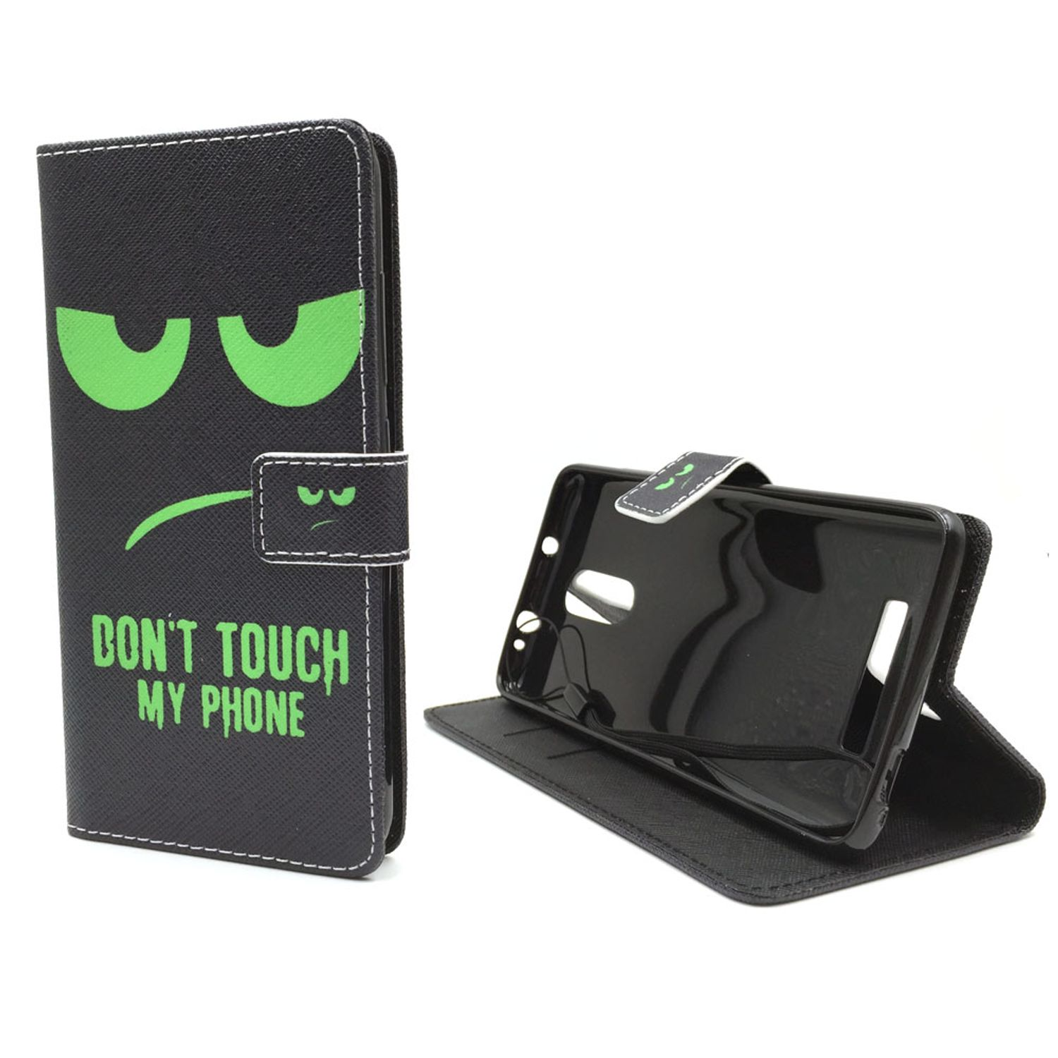 Schwarze Handyhülle mit grünen wütenden Augen und dem Text "Don't touch my phone".
