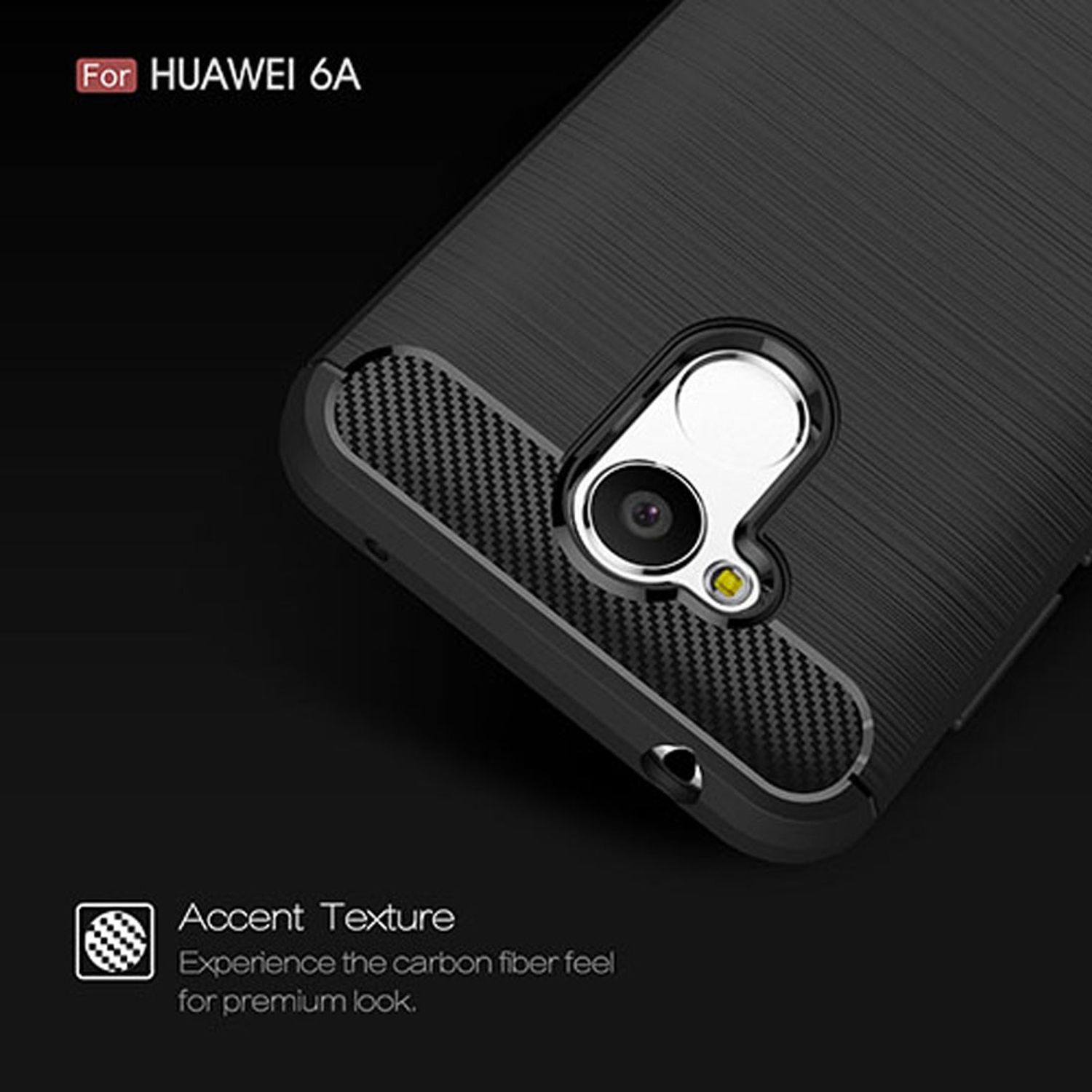 Schwarze Handyhülle mit Kamera und dem Wort 'Accent Texture'. Weißer Hintergrund.