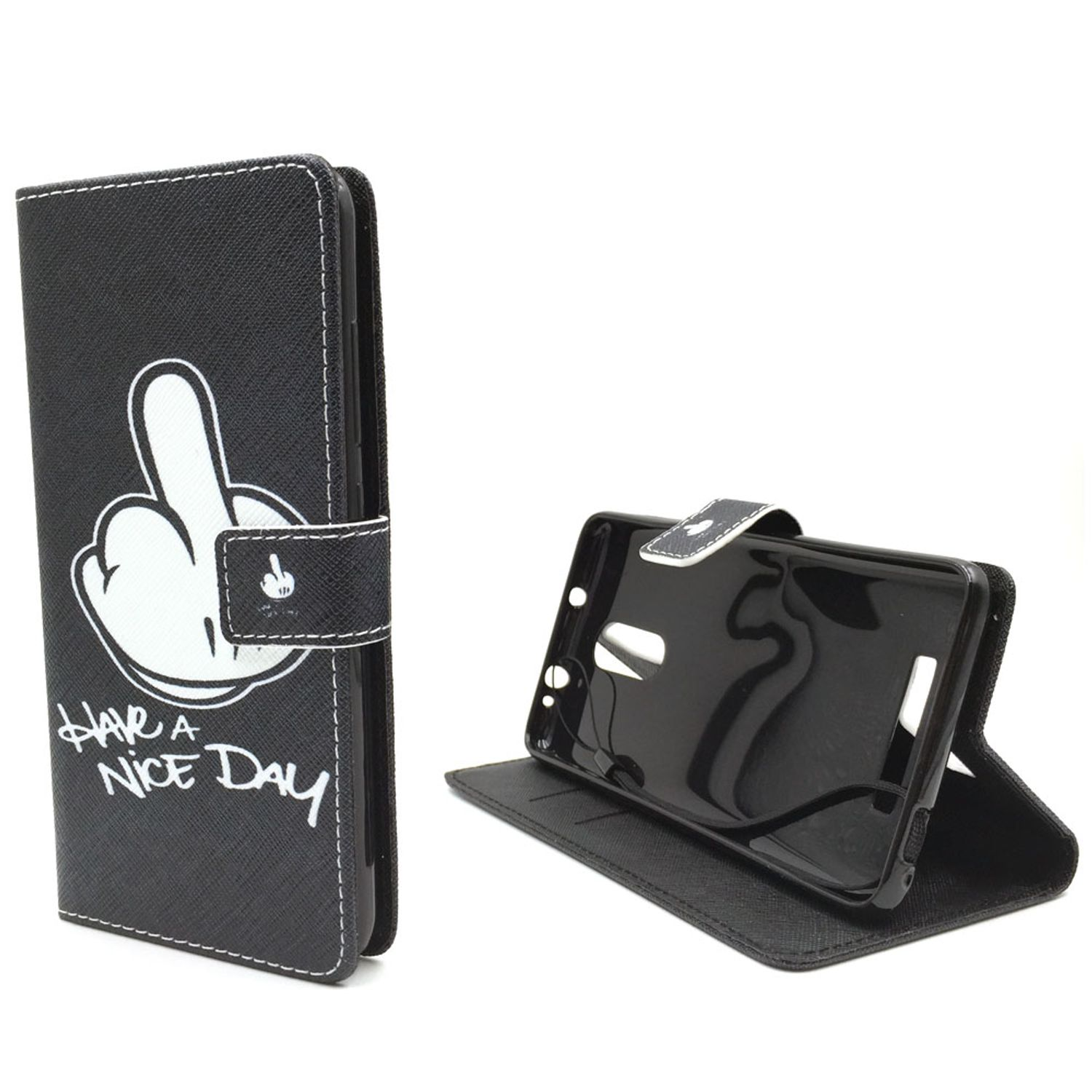Schwarze Handyhülle mit Mittelfinger-Grafik und Text 'Have a Nice Day', Telefon innen.