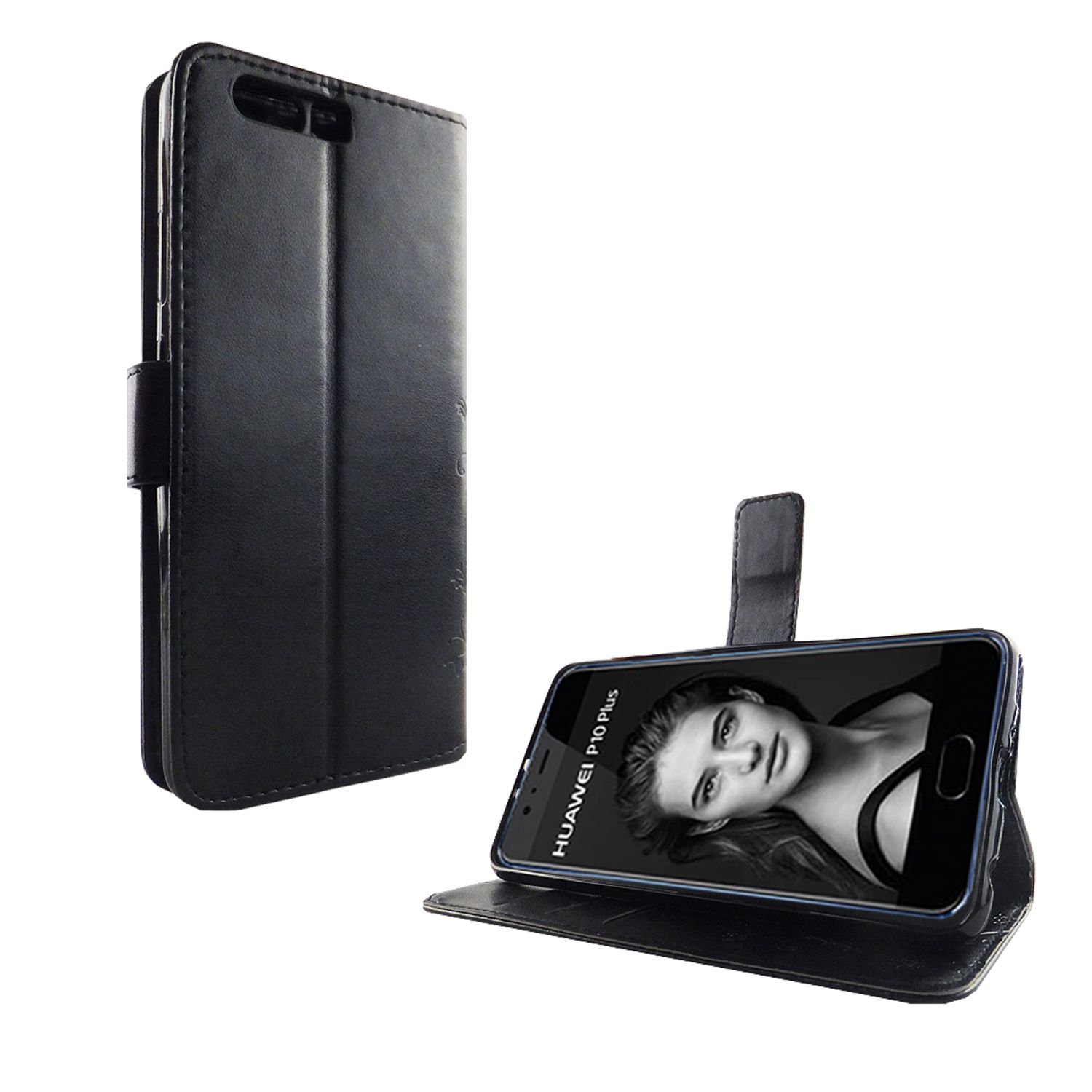 Schwarze Handyhülle mit einem Telefon, das ein Foto einer Frau zeigt.