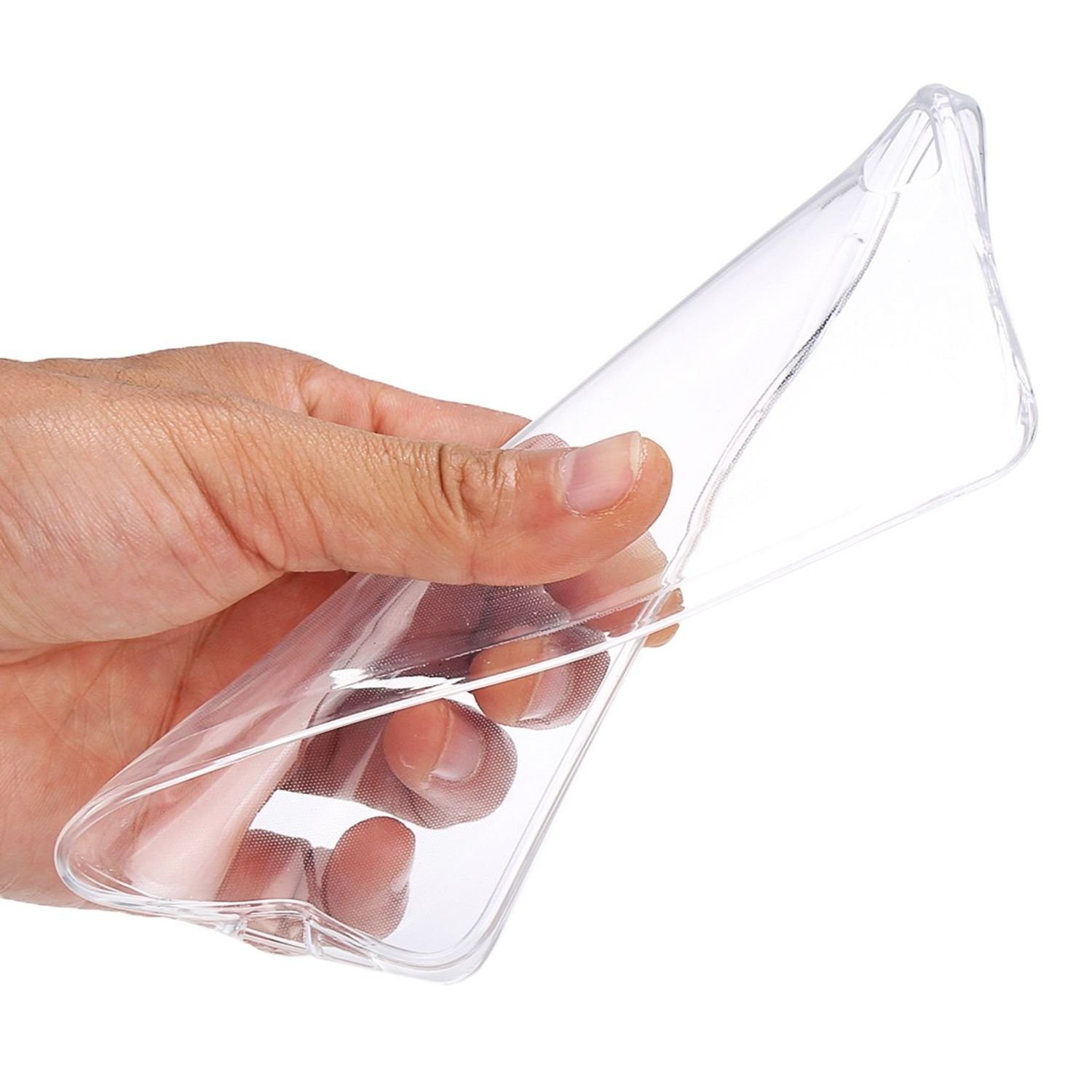 Eine Hand, die eine transparente, flexible Handyhülle hält.