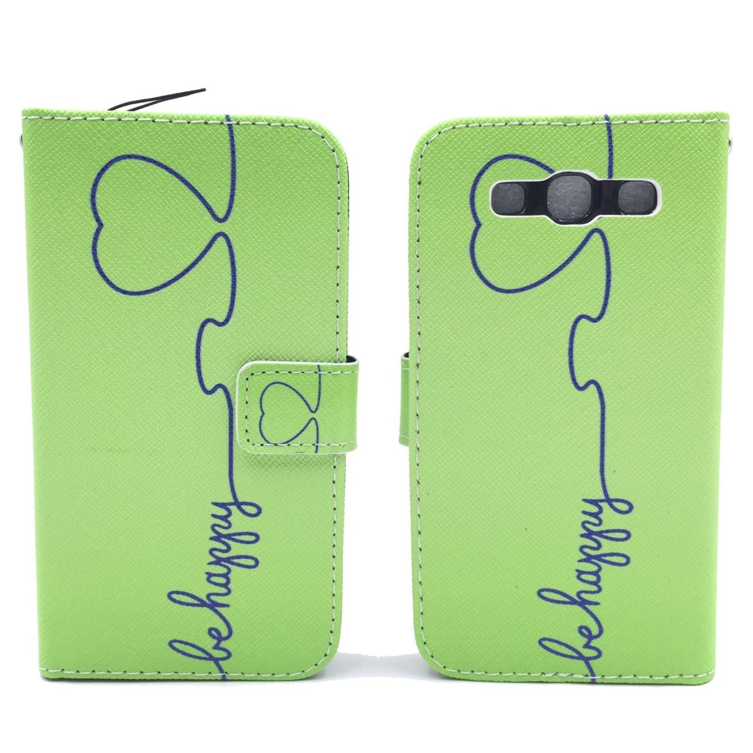 Grüne Handyhülle, Text 'be happy' und Kleeblatt-Design. Weißer Hintergrund.