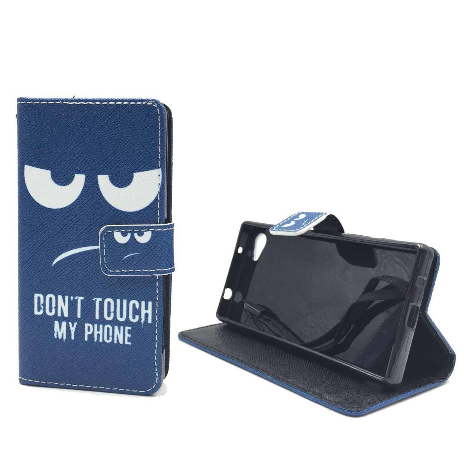 Blaue Handyhülle mit Gesicht, das sagt 'Berühr mein Handy nicht'. Das Telefon ist offen.
