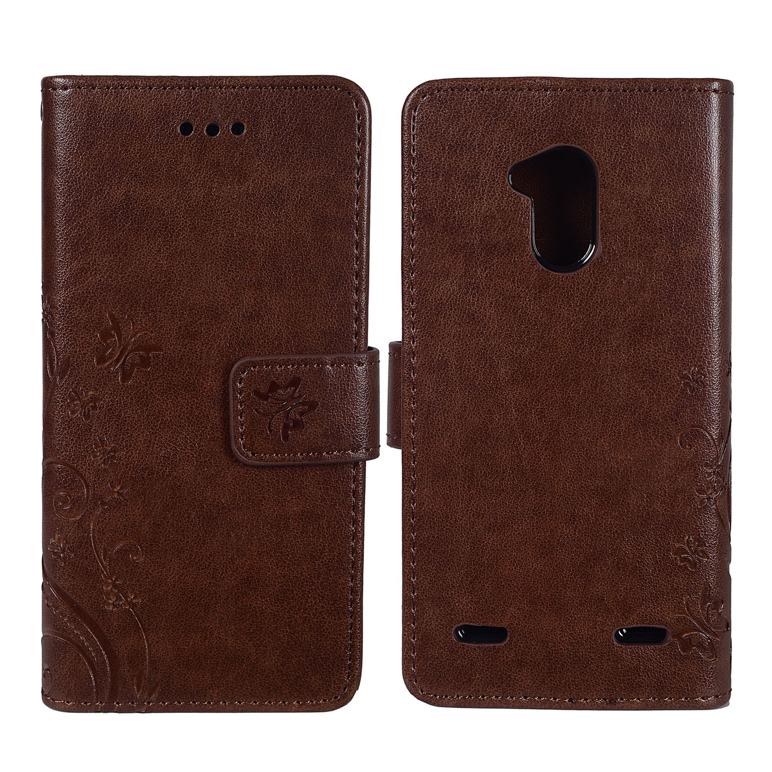 Braune Leder-Handyhülle mit floralem Design, geschlossen und offen.