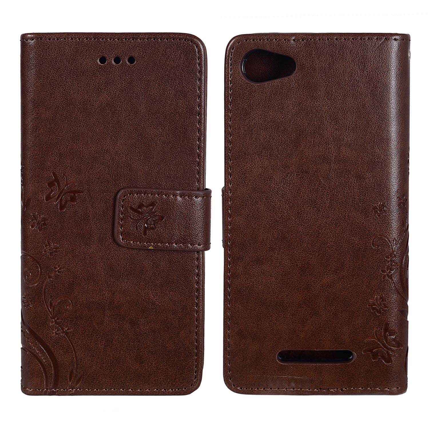 Eine braune Handyhülle mit Schmetterlingsdesign. Die Hülle ist geöffnet und zeigt ein Telefon im Inneren.