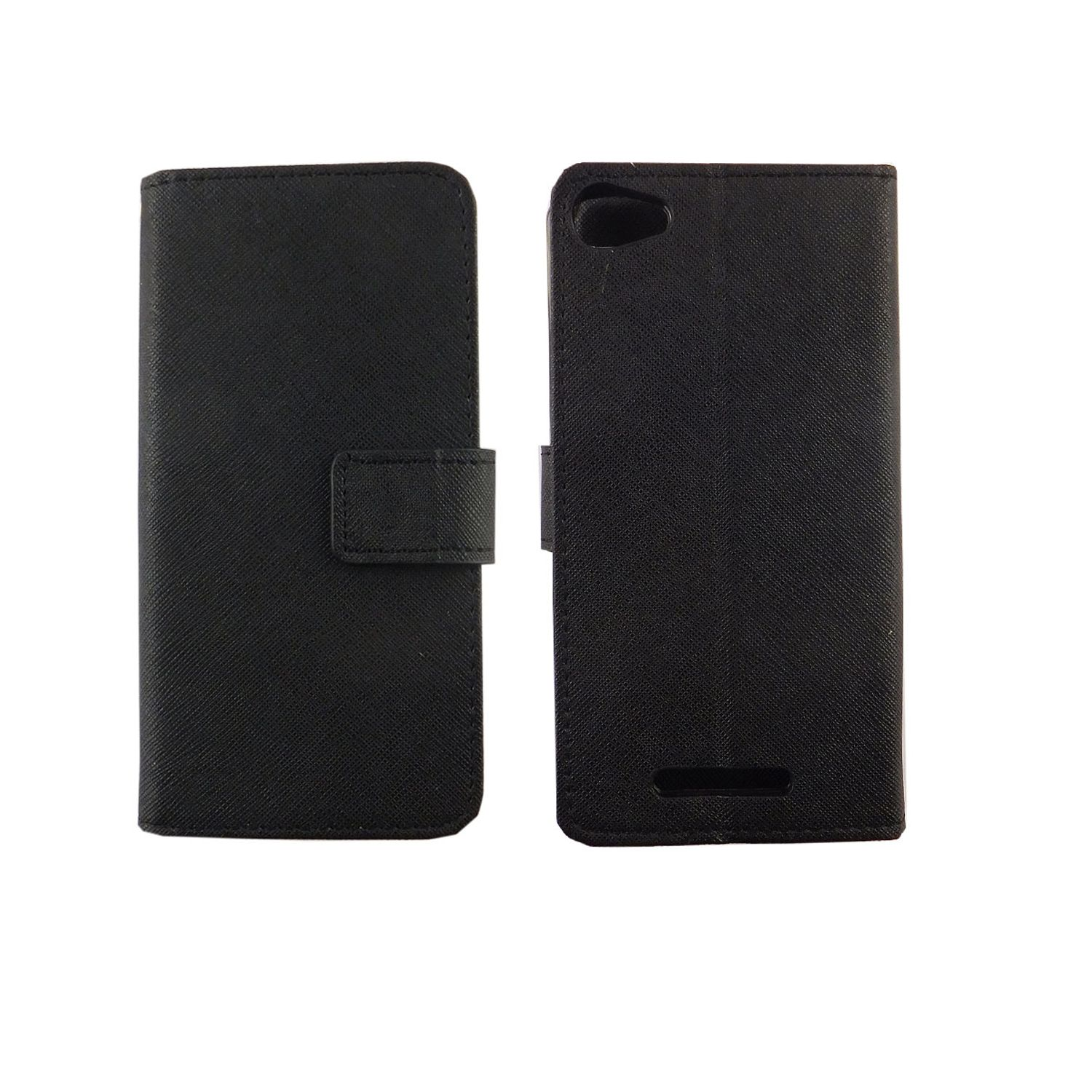Zwei schwarze Handyhüllen, offen und geschlossen. Das Design ist schlicht, betont einen eleganten, professionellen Look.
