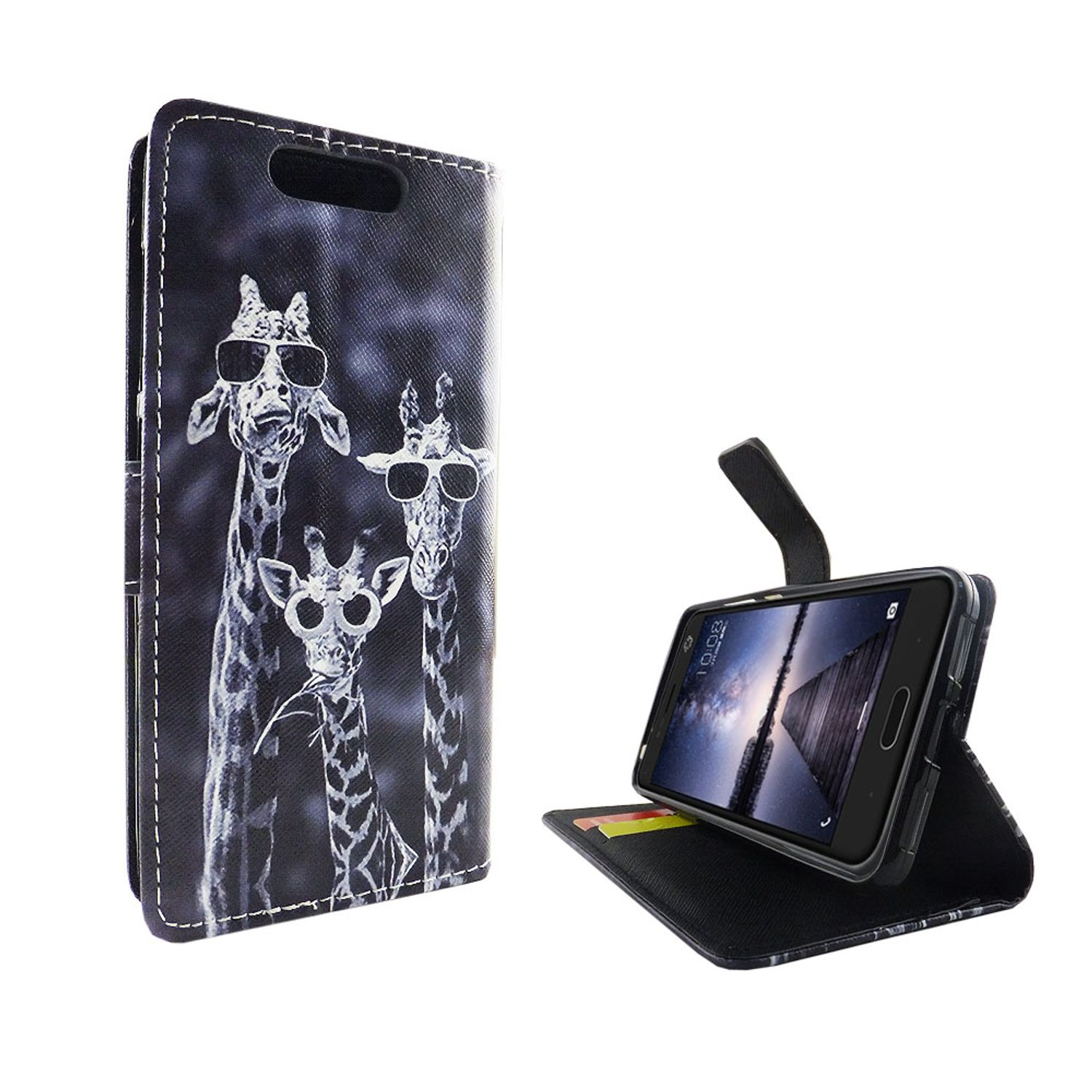 Schwarz-weiß Handyhülle mit Giraffen mit Sonnenbrille. Telefon ist in der Hülle.