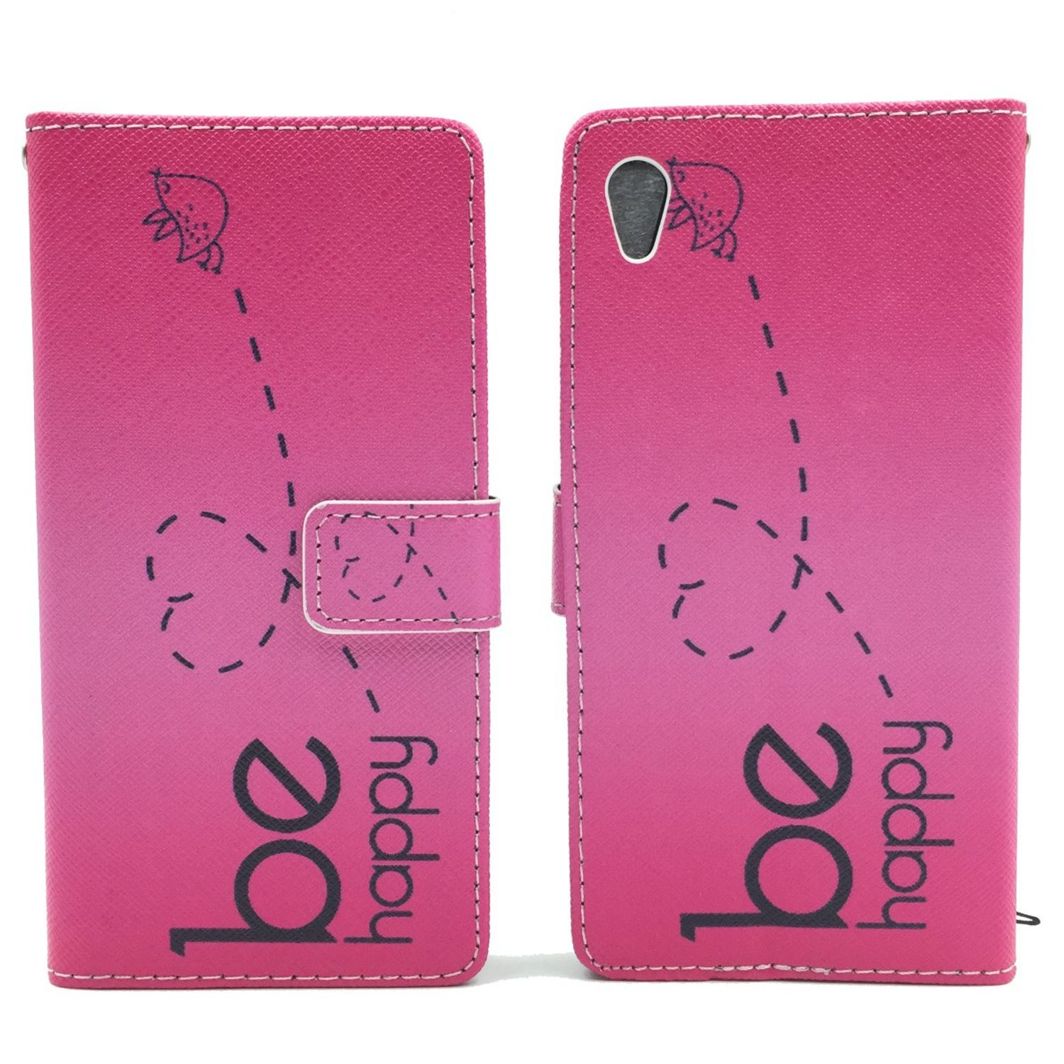 Rosa Handyhülle mit 'be happy'-Text. Hülle hat gepunktete Linien und kleine Formen. Weißer Hintergrund.