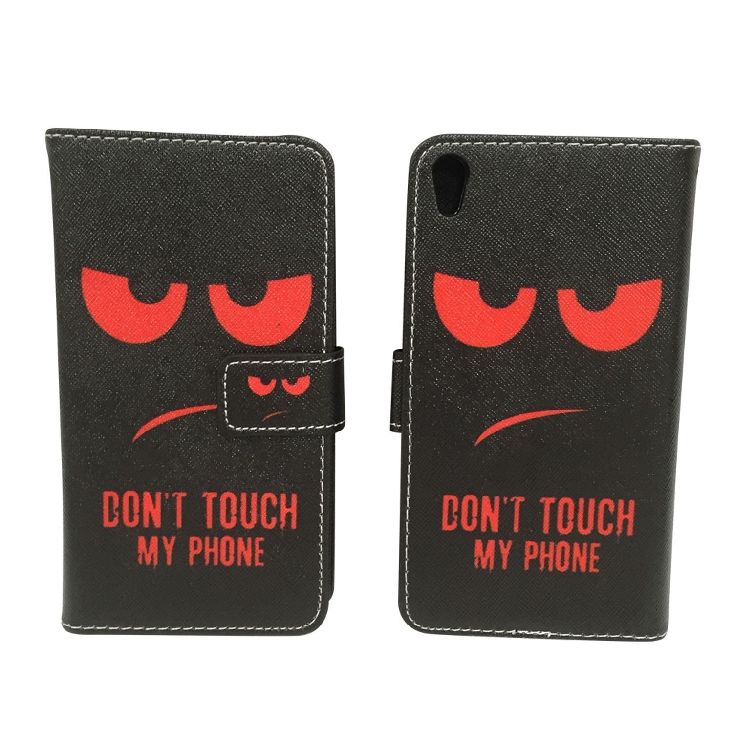 Schwarze Handyhülle mit einem wütenden Gesicht und dem Text 'DON'T TOUCH MY PHONE'. Weißer Hintergrund.