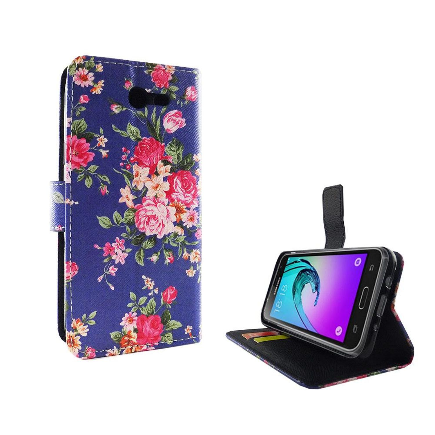 Blaue Handyhülle mit Blumendesign und Telefon darin. Der Telefonbildschirm zeigt eine Uhr.
