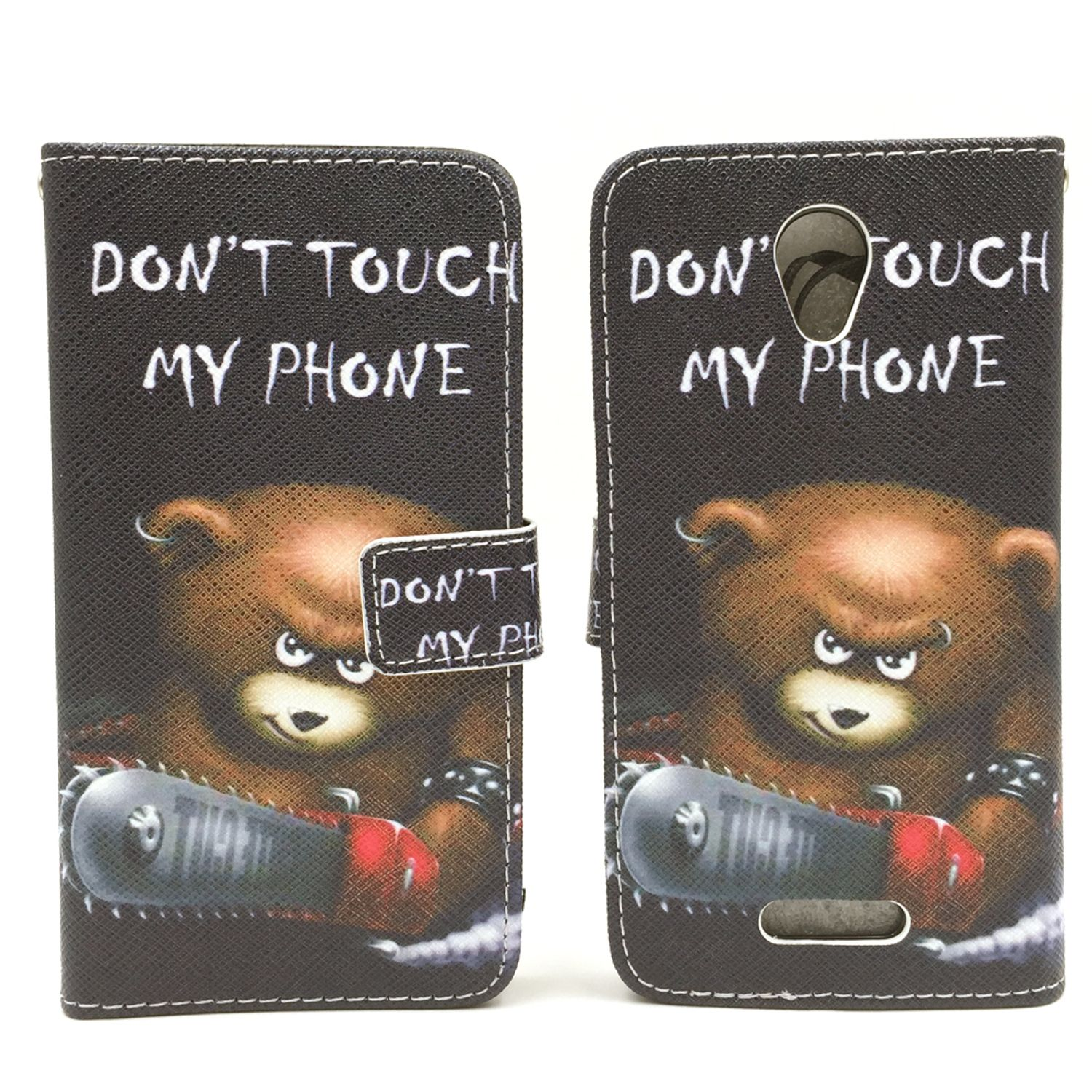 Schwarze Handyhülle mit Bär und Text 'DON'T TOUCH MY PHONE'. Weißer Hintergrund.