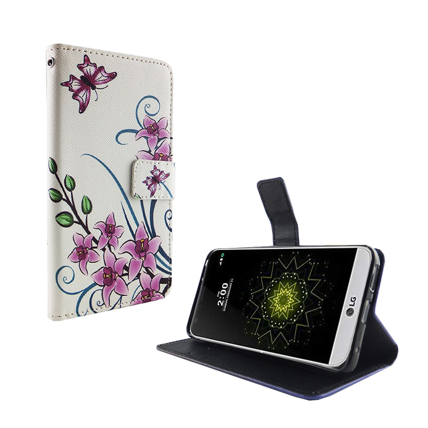 Geöffnete Handyhülle, Blumendesign, Schmetterlinge. Telefon drin. Weißer Hintergrund. LG Telefon.